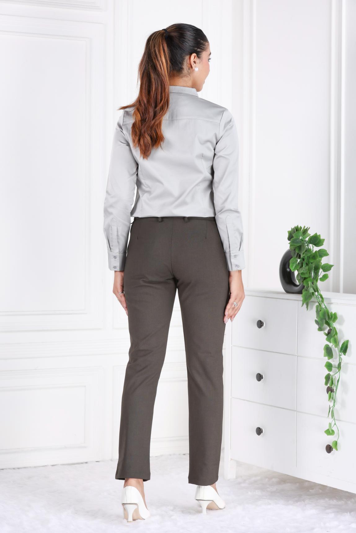 Coffee melange woven formal pants with spandex [Straight fit] - Woven formal pants