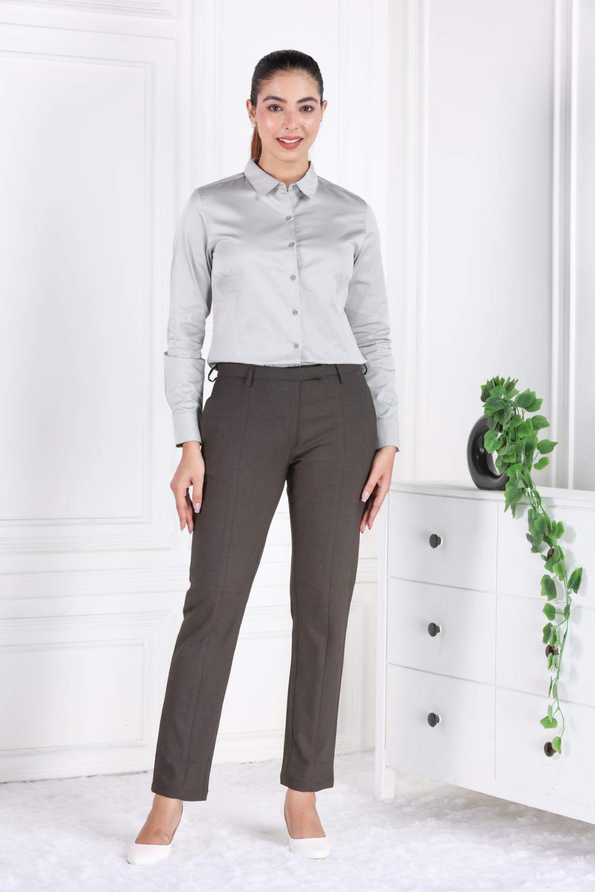 Coffee melange woven formal pants with spandex [Straight fit] - Woven formal pants