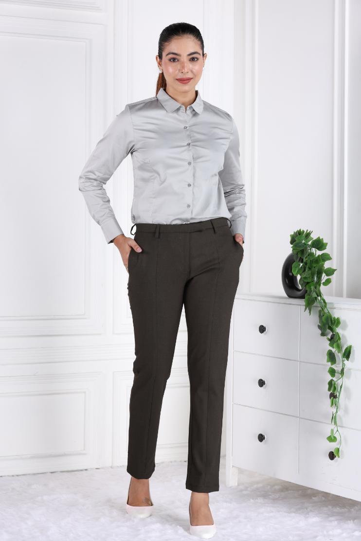 Coffee melange woven formal pants with spandex [Straight fit] - Woven formal pants