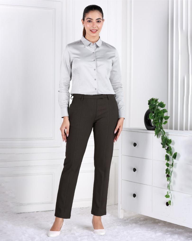 Coffee melange woven formal pants with spandex [Straight fit] - Woven formal pants