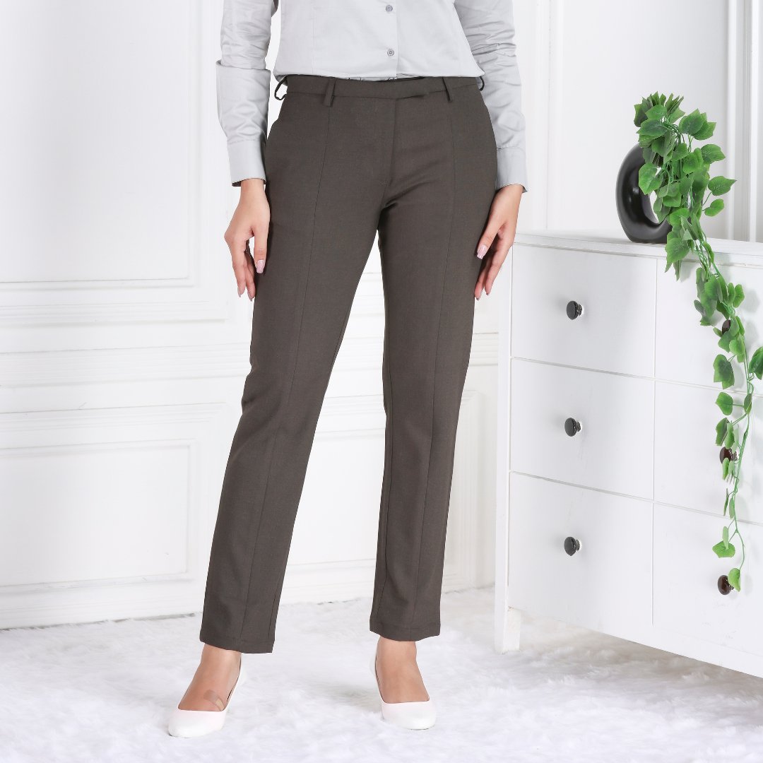 Coffee melange woven formal pants with spandex [Straight fit] - Woven formal pants