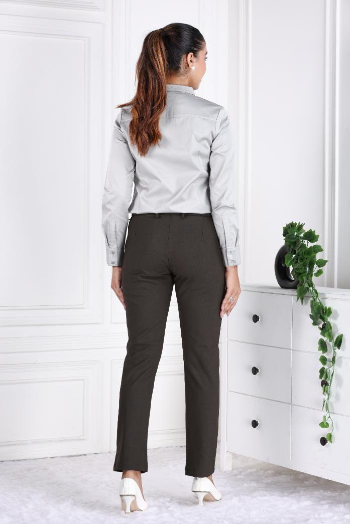 Coffee melange woven formal pants with spandex [Straight fit] - Woven formal pants