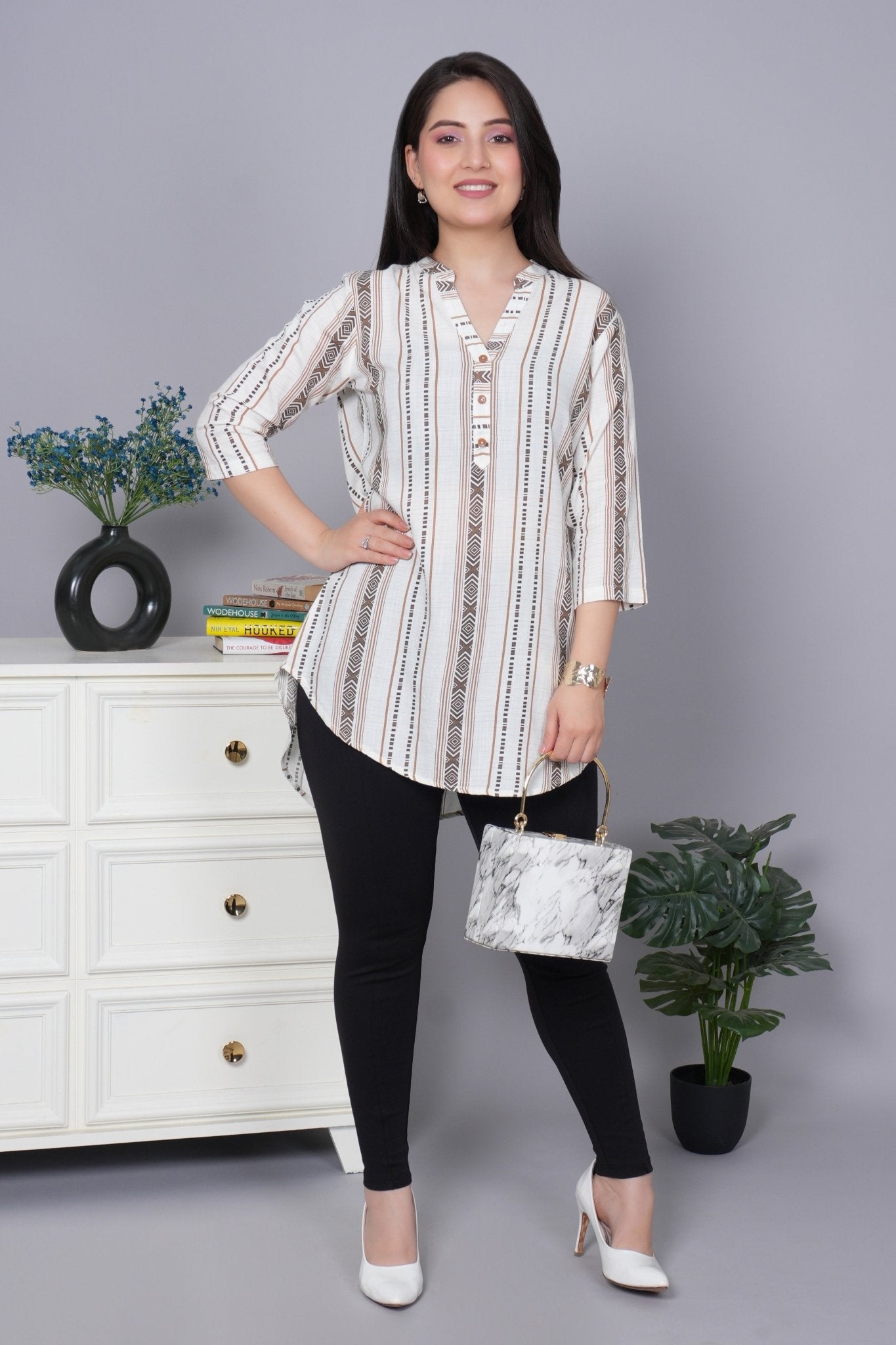 Coffee printed kurta neck cotton top [100% Cotton] - Cotton printed kurta neck top