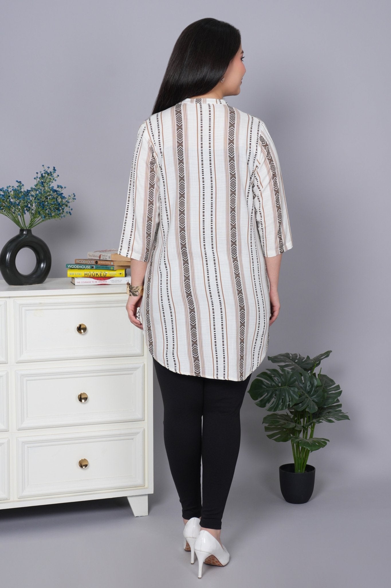 Coffee printed kurta neck cotton top [100% Cotton] - Cotton printed kurta neck top