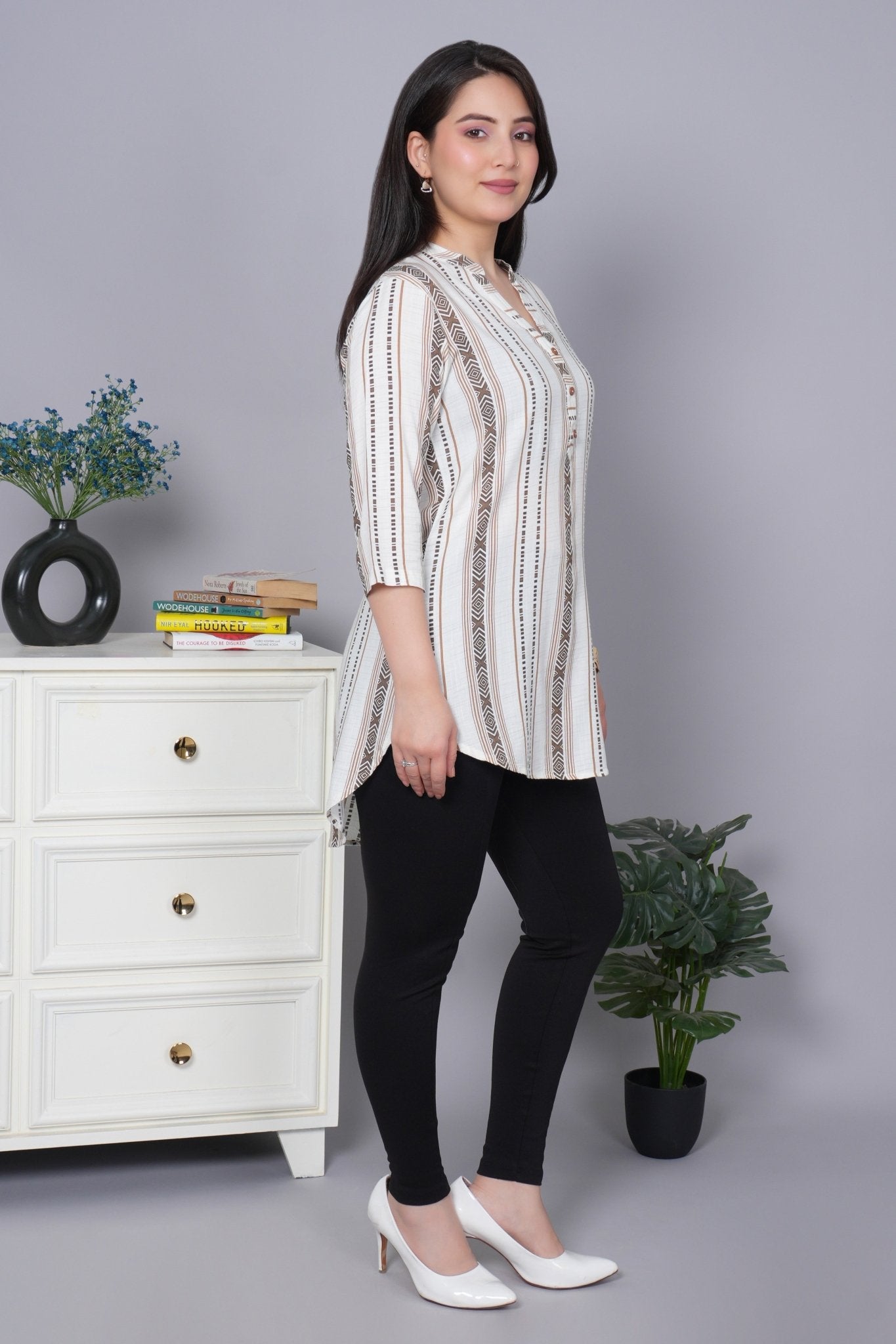 Coffee printed kurta neck cotton top [100% Cotton] - Cotton printed kurta neck top