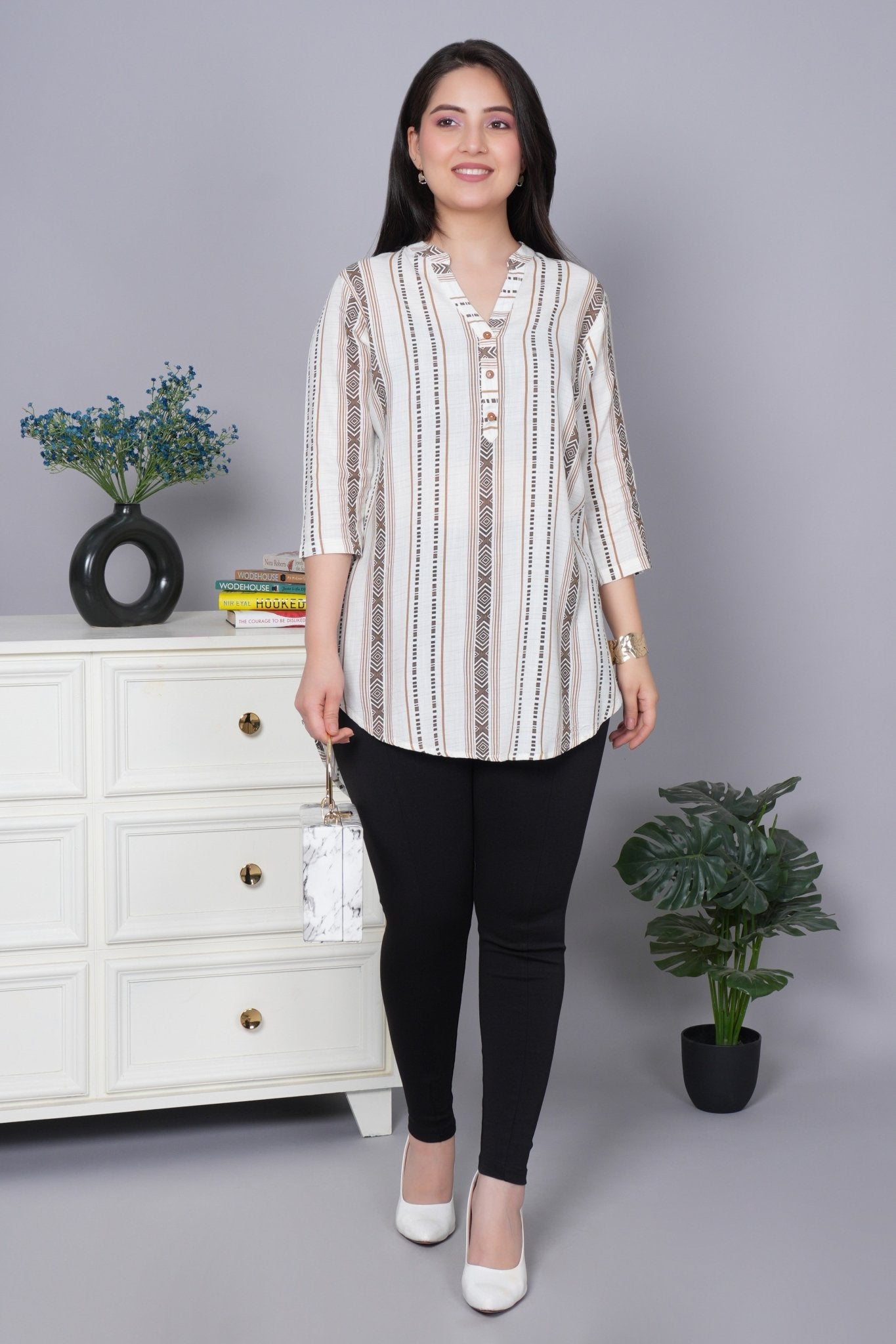 Coffee printed kurta neck cotton top [100% Cotton] - Cotton printed kurta neck top