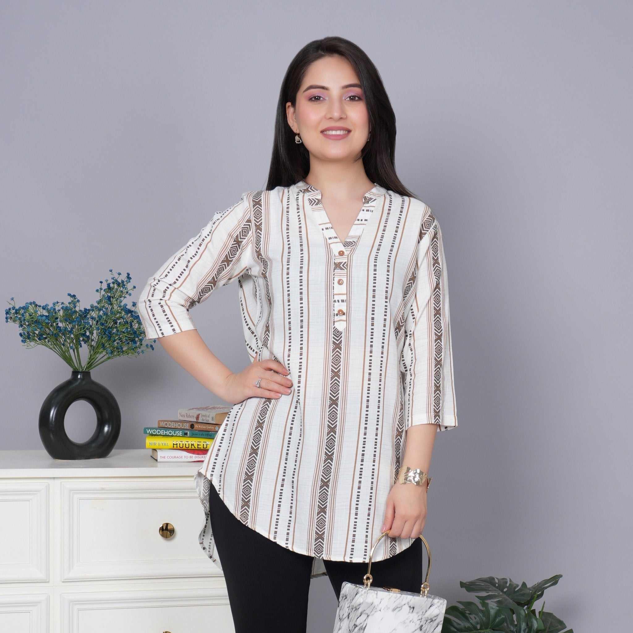 Coffee printed kurta neck cotton top [100% Cotton] - Cotton printed kurta neck top
