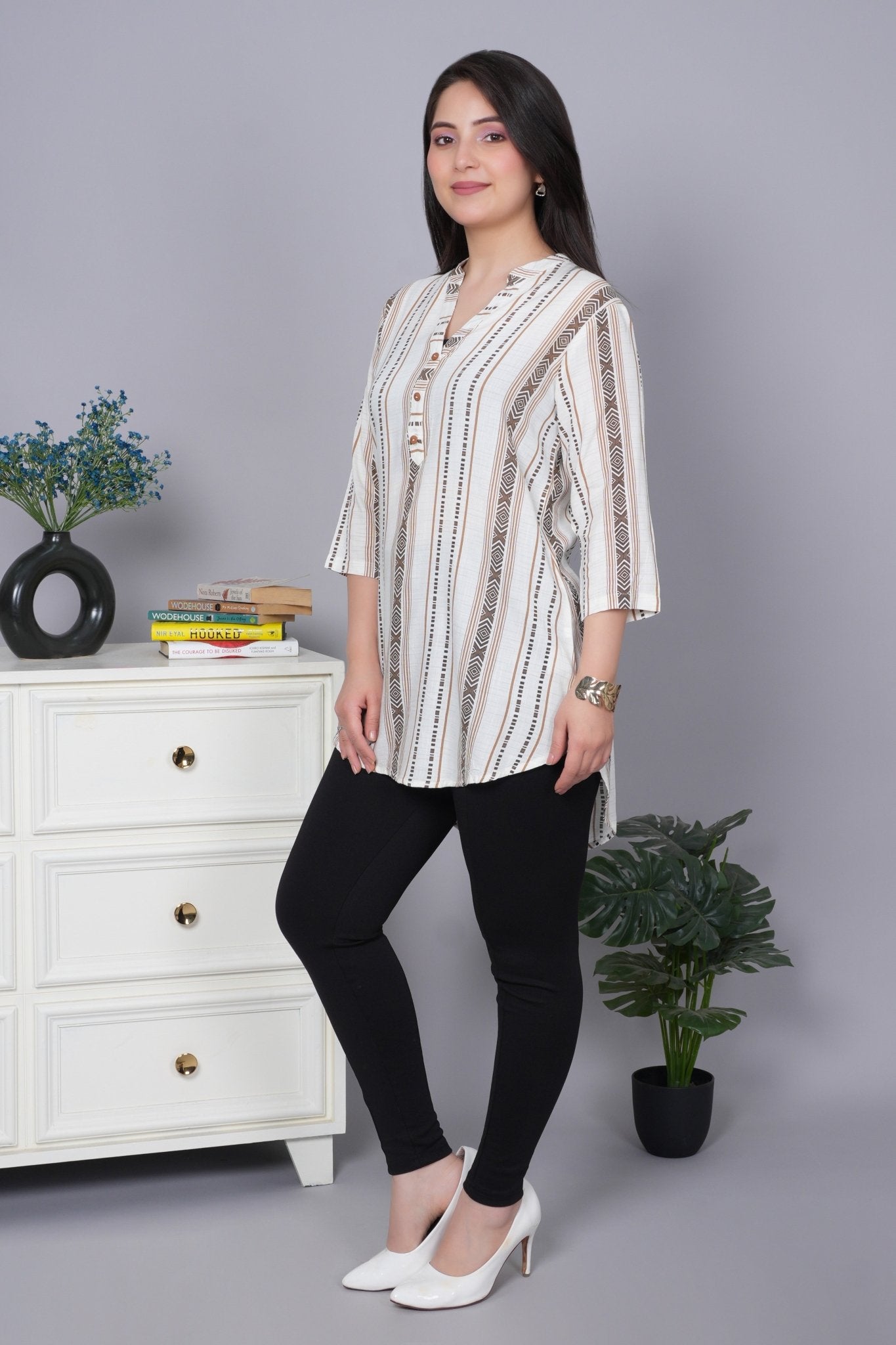 Coffee printed kurta neck cotton top [100% Cotton] - Cotton printed kurta neck top
