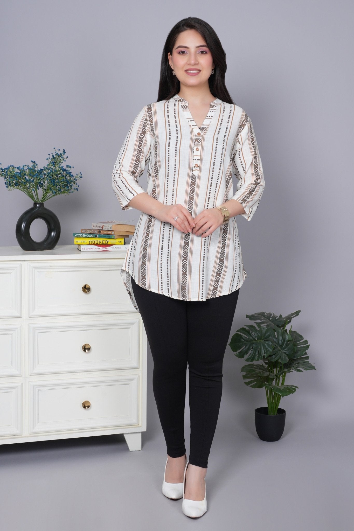 Coffee printed kurta neck cotton top [100% Cotton] - Cotton printed kurta neck top