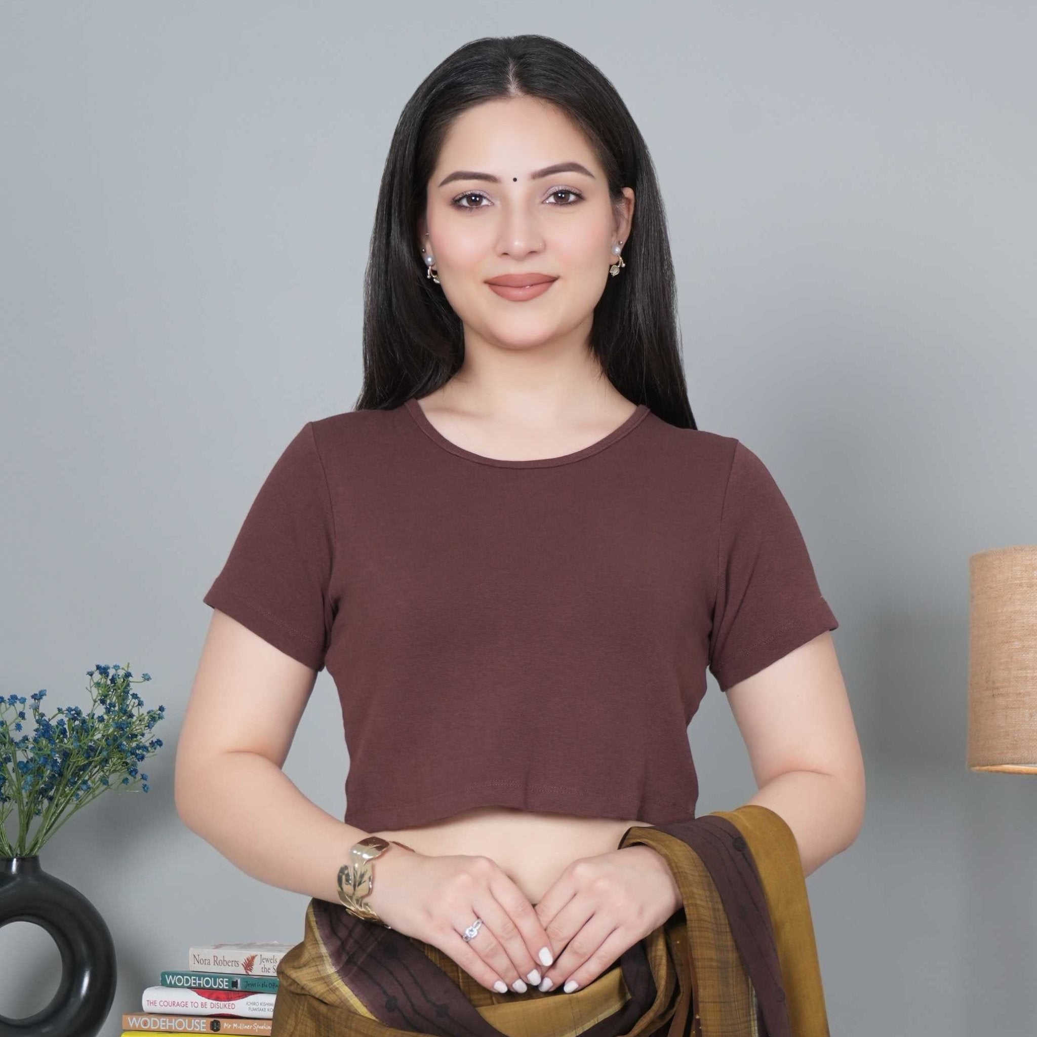 Coffee Rib Crop Tshirt Blouse [ 100% USA HQ Cotton, 280 GSM non transparent fabric ] - Rib crop tshirt blouse