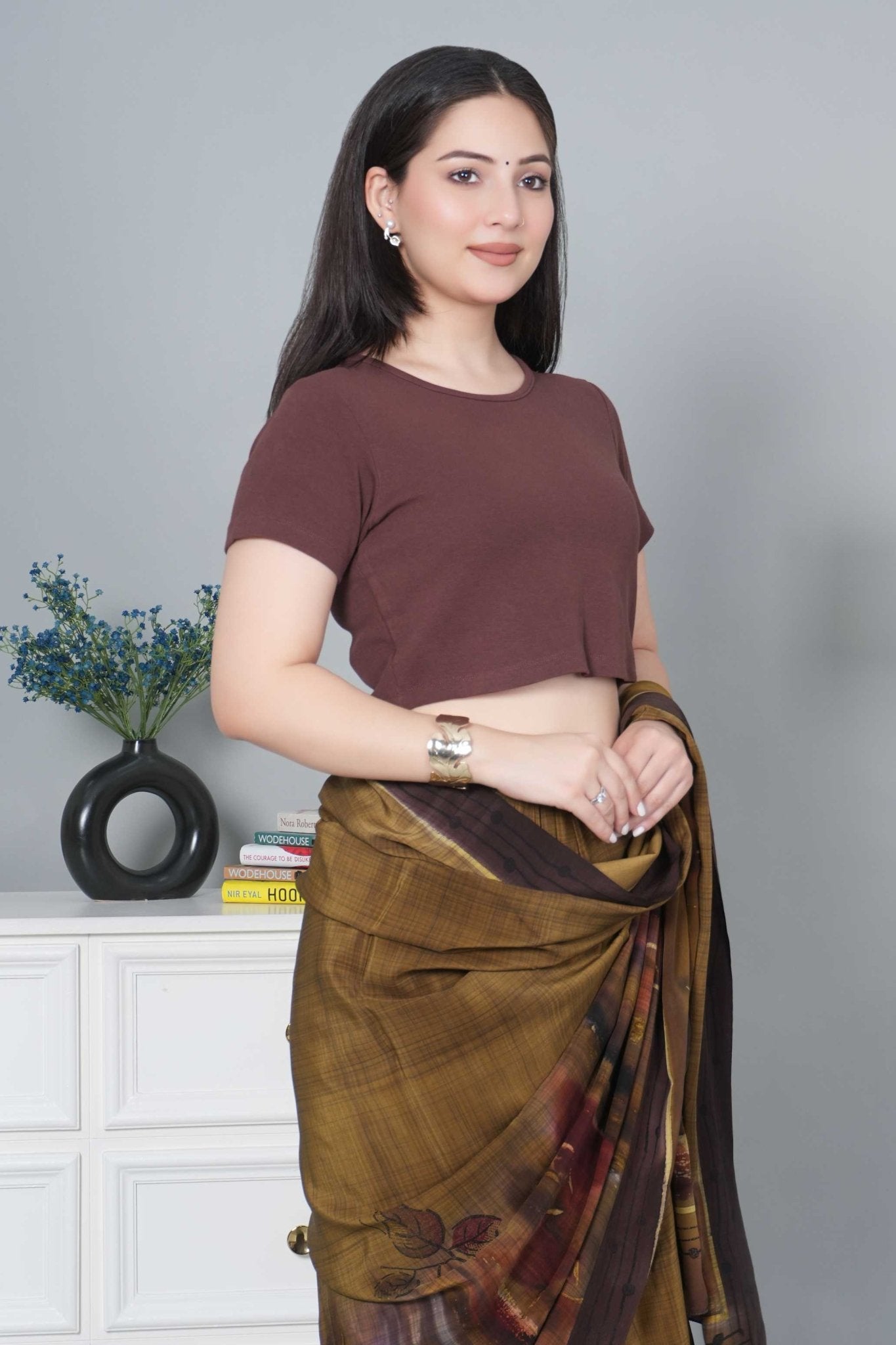 Coffee Rib Crop Tshirt Blouse [ 100% USA HQ Cotton, 280 GSM non transparent fabric ] - Rib crop tshirt blouse