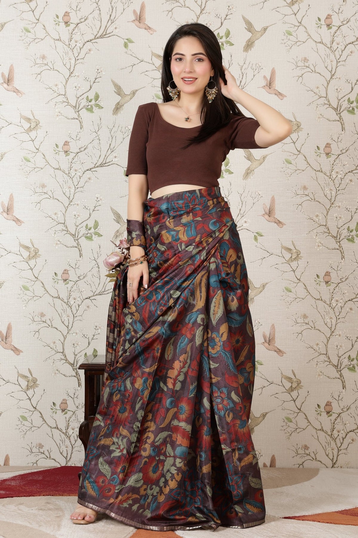 Coffee Rib Roundneck Half Sleeve Blouse [ 100% USA HQ Cotton, 280 GSM non transparent fabric ] -Rib blouse