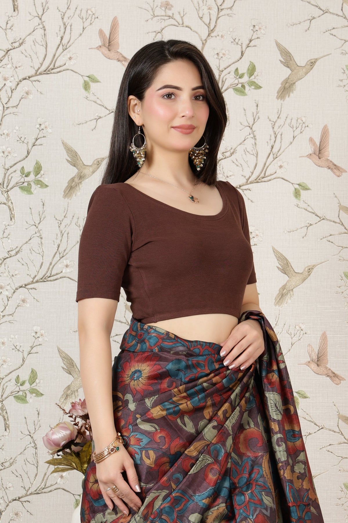 Coffee Rib Roundneck Half Sleeve Blouse [ 100% USA HQ Cotton, 280 GSM non transparent fabric ] -Rib blouse