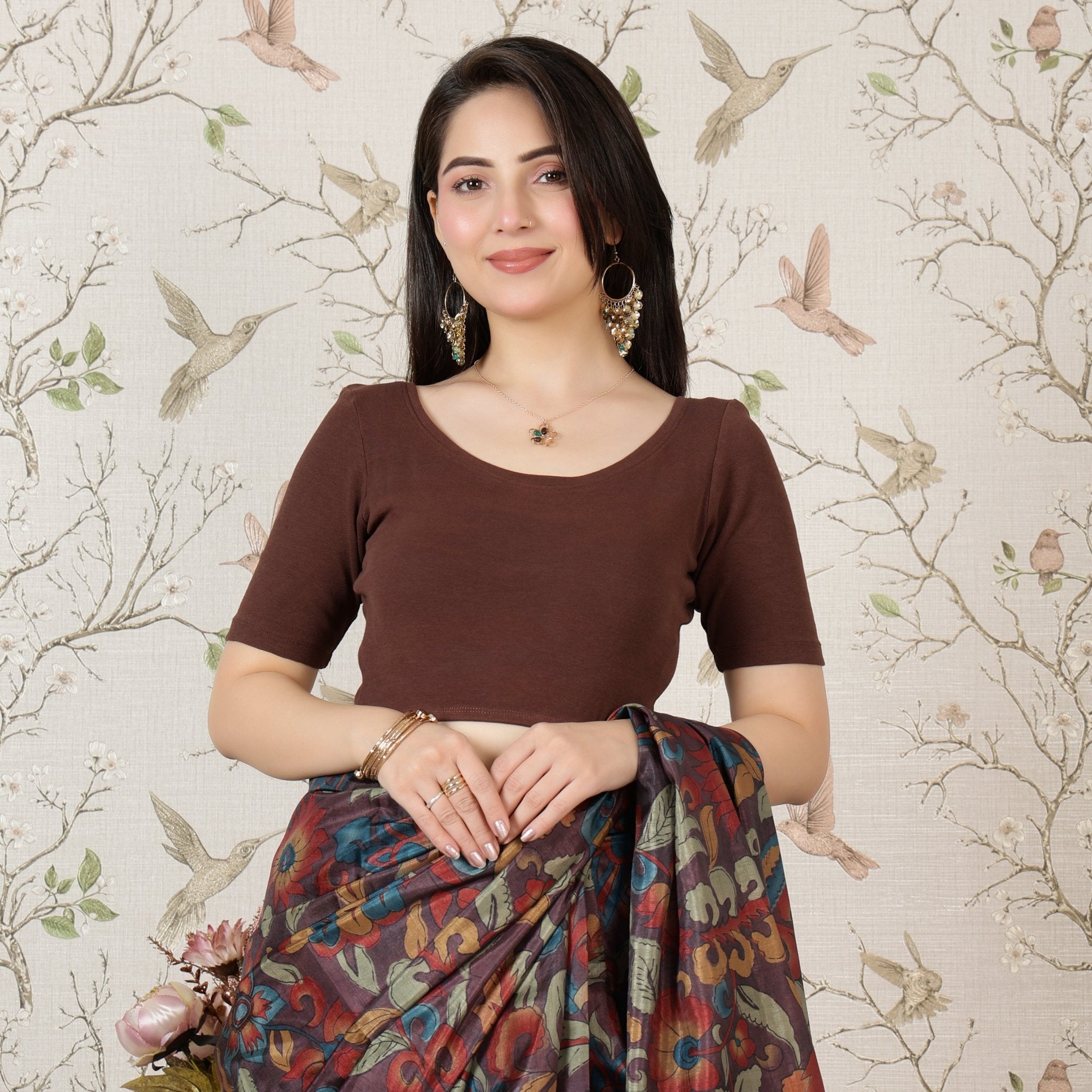 Coffee Rib Roundneck Half Sleeve Blouse [ 100% USA HQ Cotton, 280 GSM non transparent fabric ] -Rib blouse