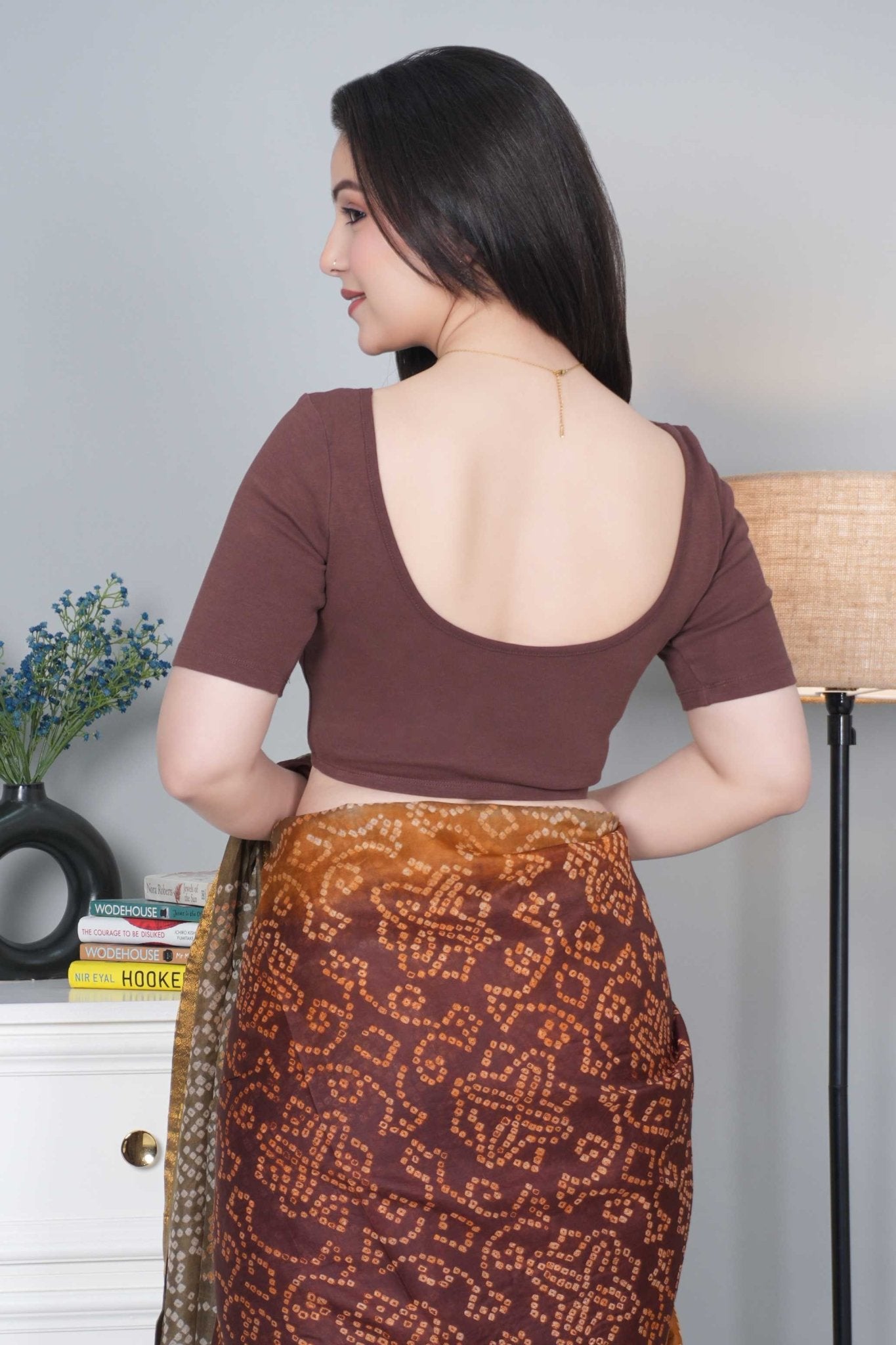 Coffee Rib Roundneck Half Sleeve Blouse [ 100% USA HQ Cotton, 280 GSM non transparent fabric ] - Rib blouse