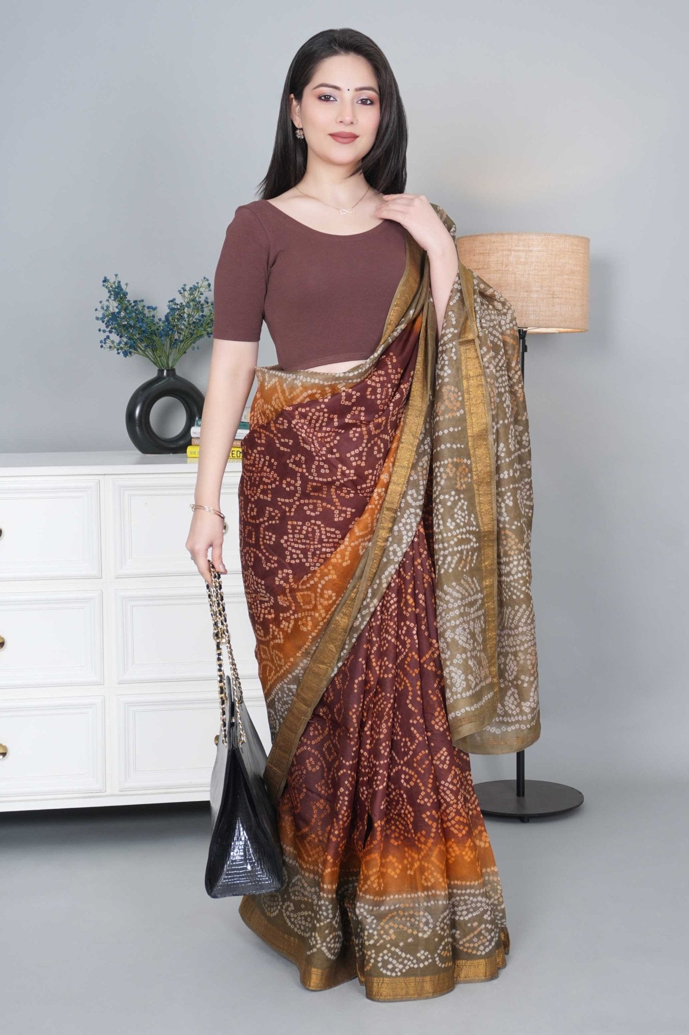 Coffee Rib Roundneck Half Sleeve Blouse [ 100% USA HQ Cotton, 280 GSM non transparent fabric ] - Rib blouse