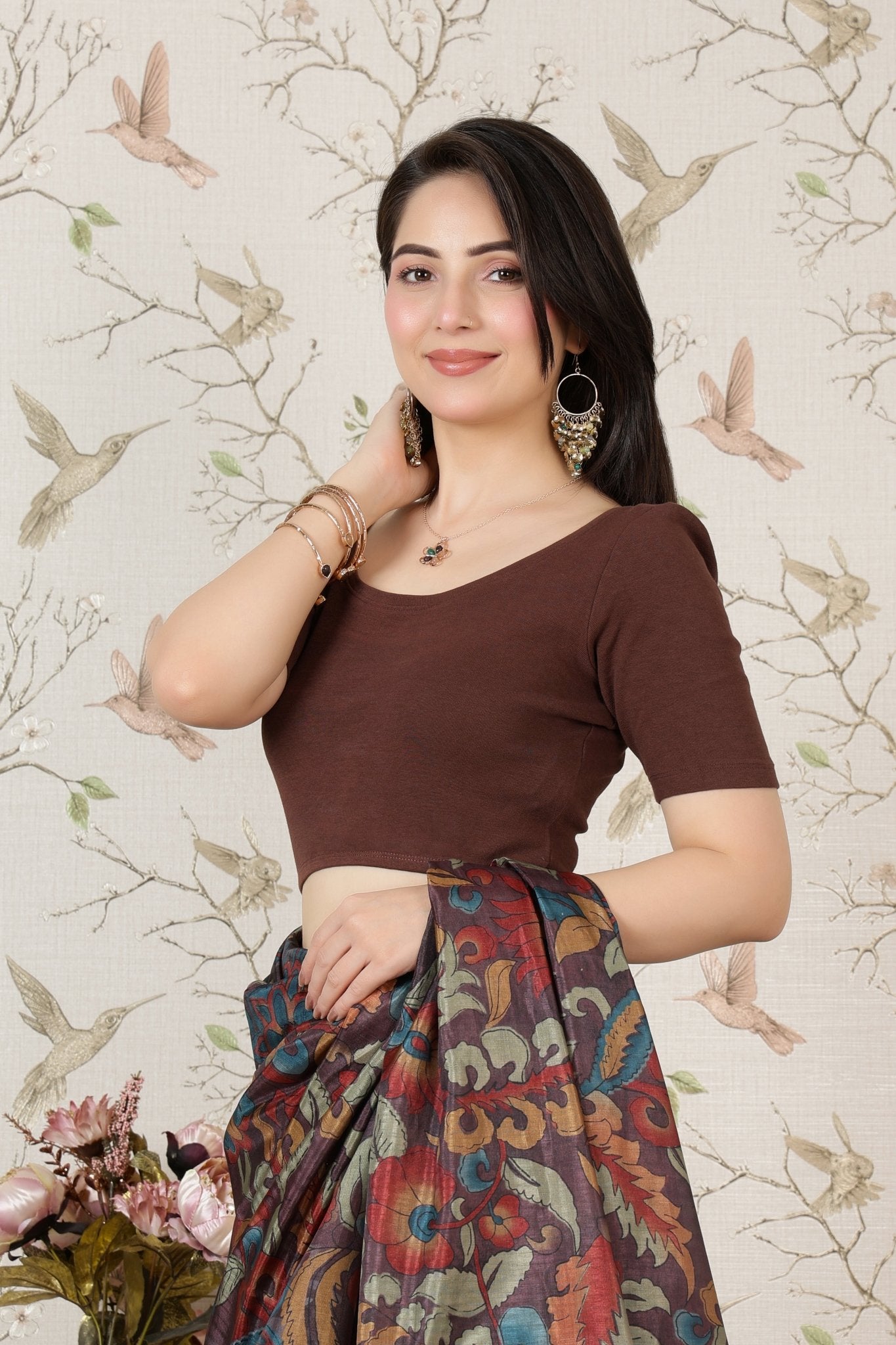 Coffee Rib Roundneck Half Sleeve Blouse [ 100% USA HQ Cotton, 280 GSM non transparent fabric ] -Rib blouse