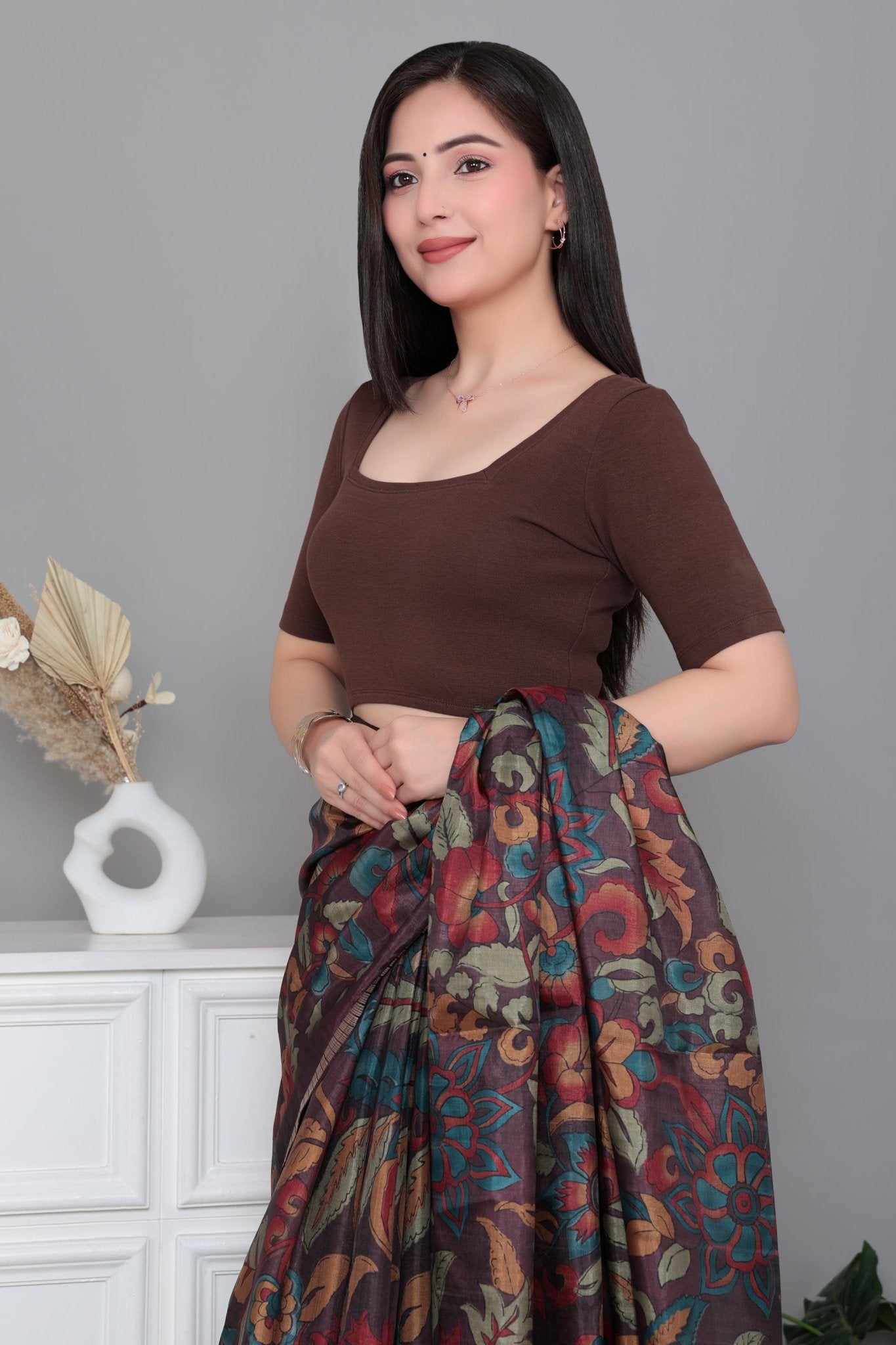 Coffee Rib Square Neck Half Sleeve Blouse [ 100% USA HQ Cotton, 280 GSM non transparent fabric ] -Rib blouse