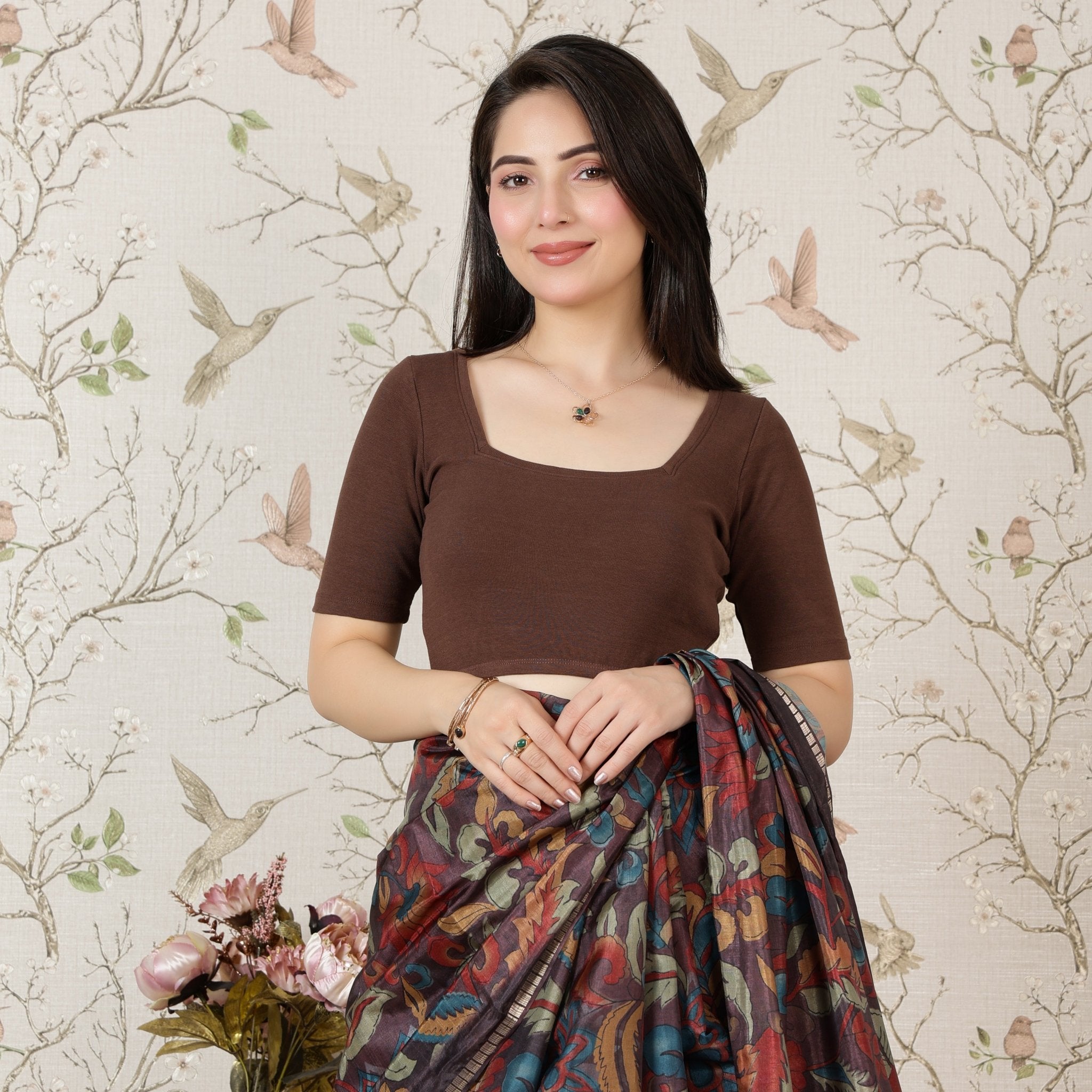 Coffee Rib Square Neck Half Sleeve Blouse [ 100% USA HQ Cotton, 280 GSM non transparent fabric ] -Rib blouse
