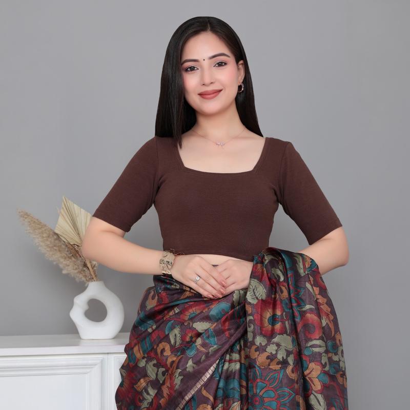 Coffee Rib Square Neck Half Sleeve Blouse [ 100% USA HQ Cotton, 280 GSM non transparent fabric ] -Rib blouse