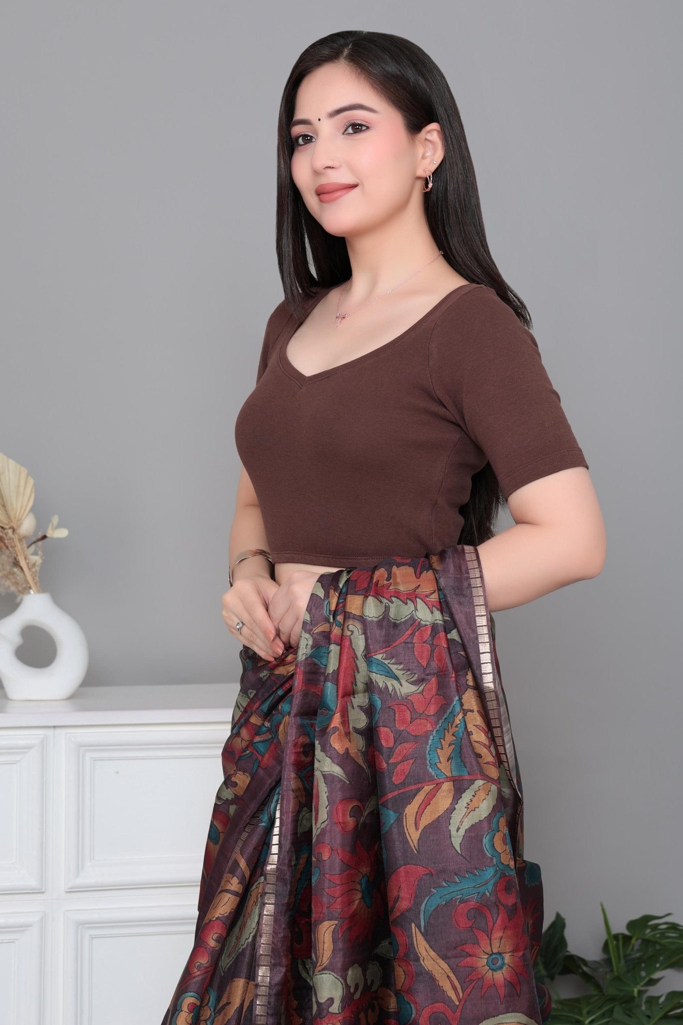 Coffee Rib Sweet Heart Neck Half Sleeve Blouse [ 100% USA HQ Cotton, 280 GSM non transparent fabric ] -Rib blouse