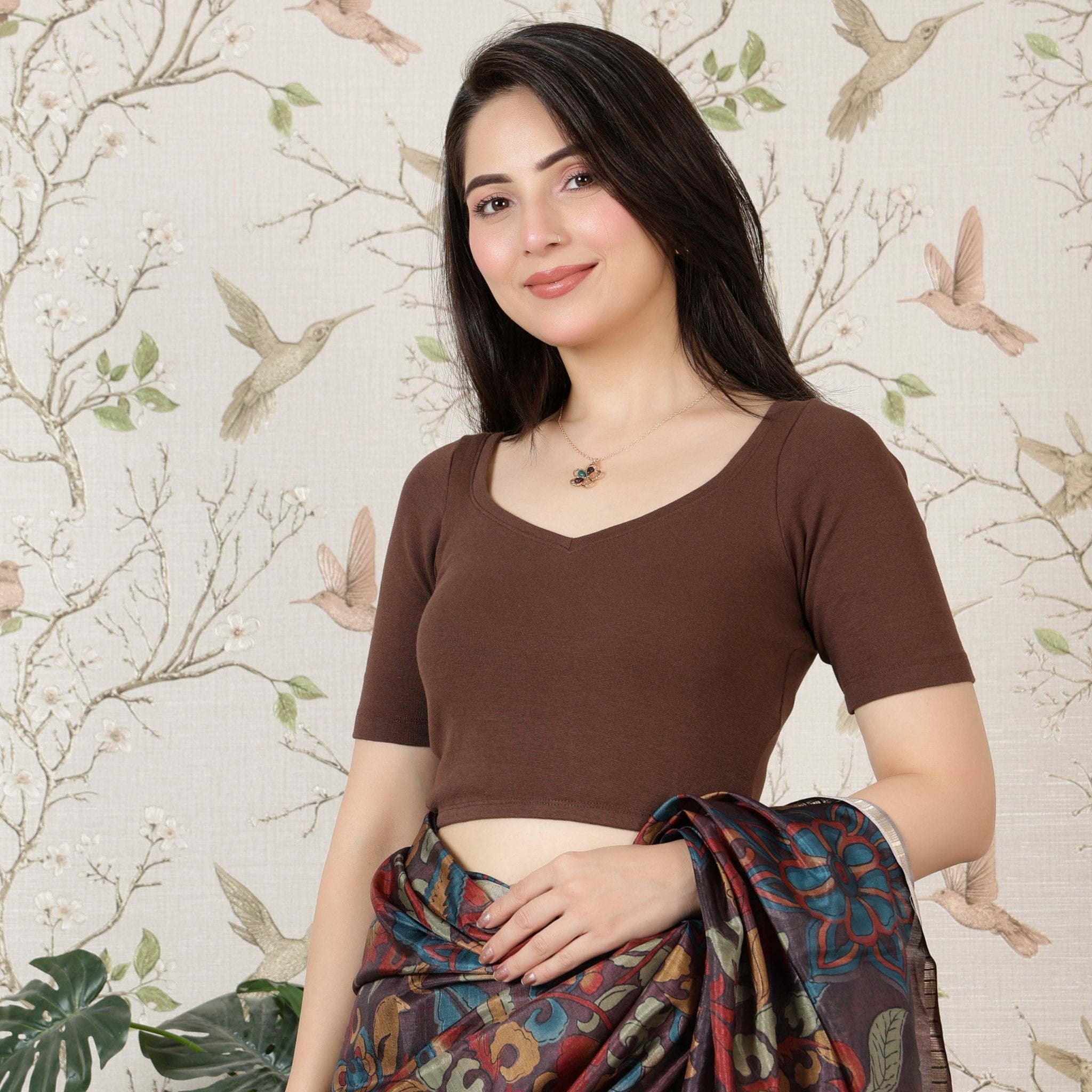 Coffee Rib Sweet Heart Neck Half Sleeve Blouse [ 100% USA HQ Cotton, 280 GSM non transparent fabric ] -Rib blouse