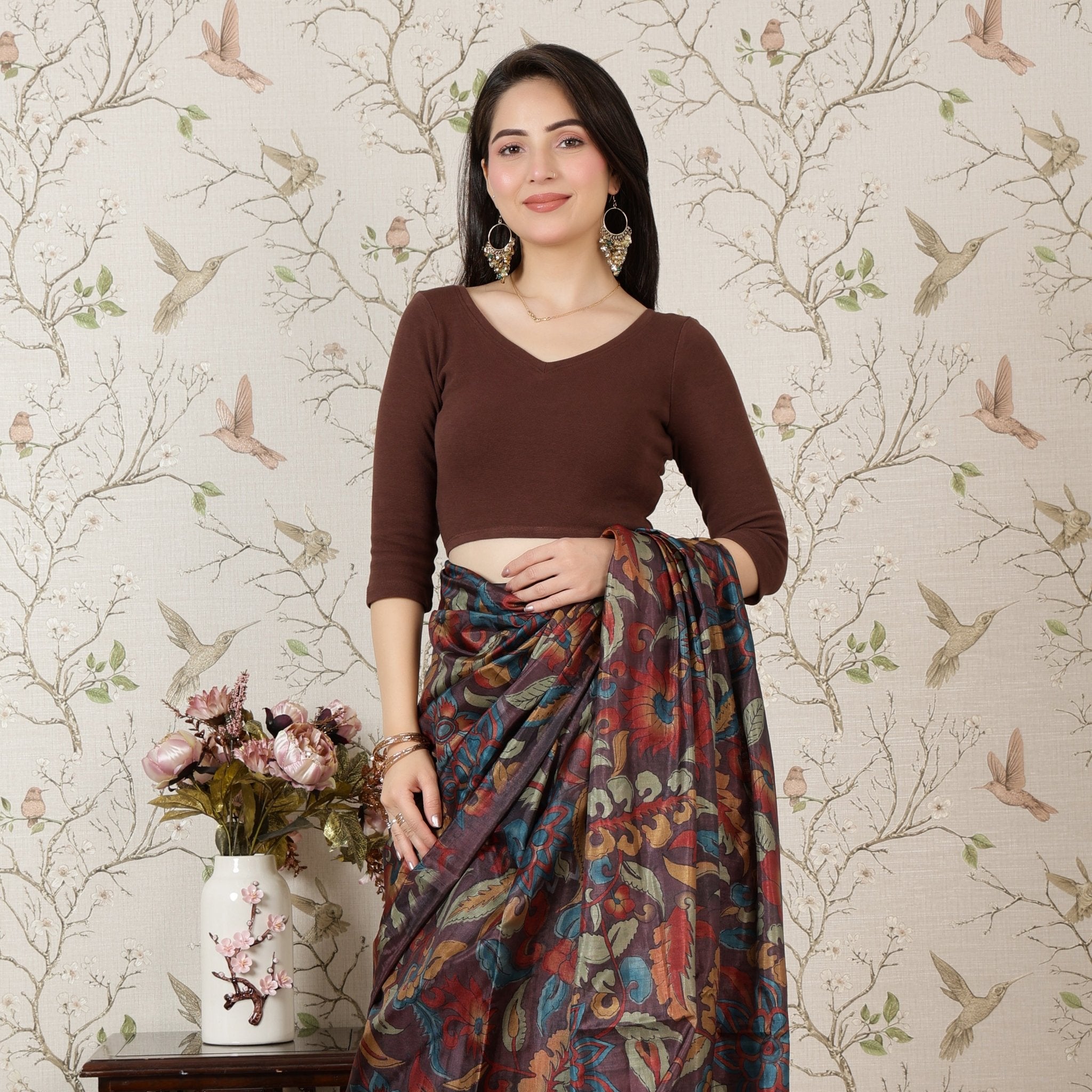 Coffee Rib V Neck 3/4 Sleeve Blouse [ 100% USA HQ Cotton, 280 GSM non transparent fabric ] -Rib blouse