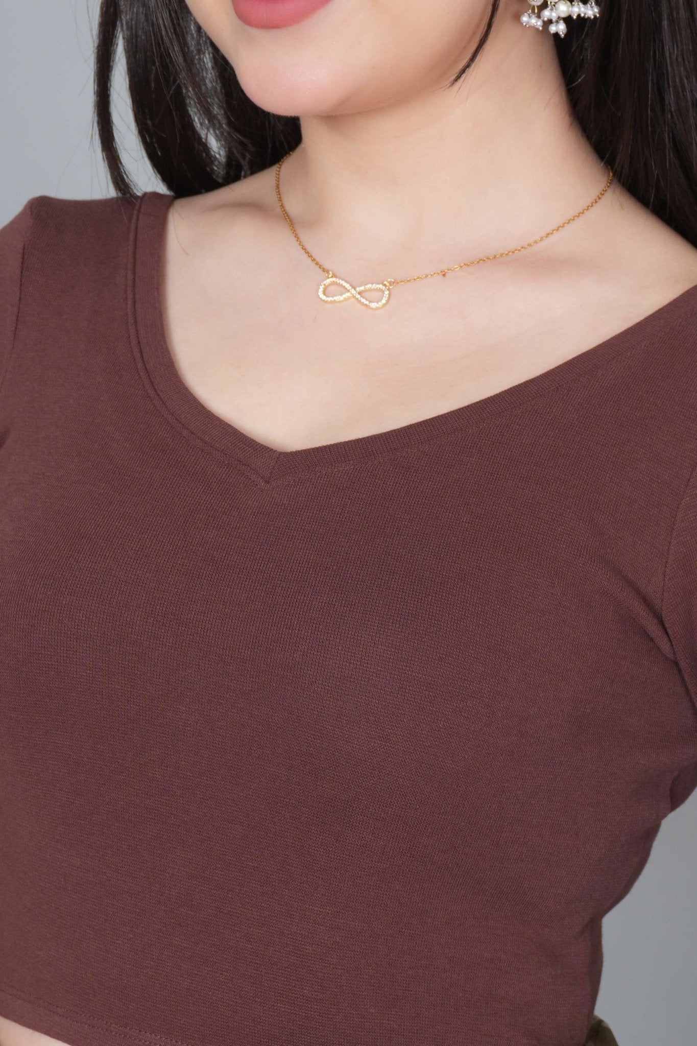 Coffee Rib V Neck 3/4 Sleeve Blouse [ 100% USA HQ Cotton, 280 GSM non transparent fabric ] - Rib blouse