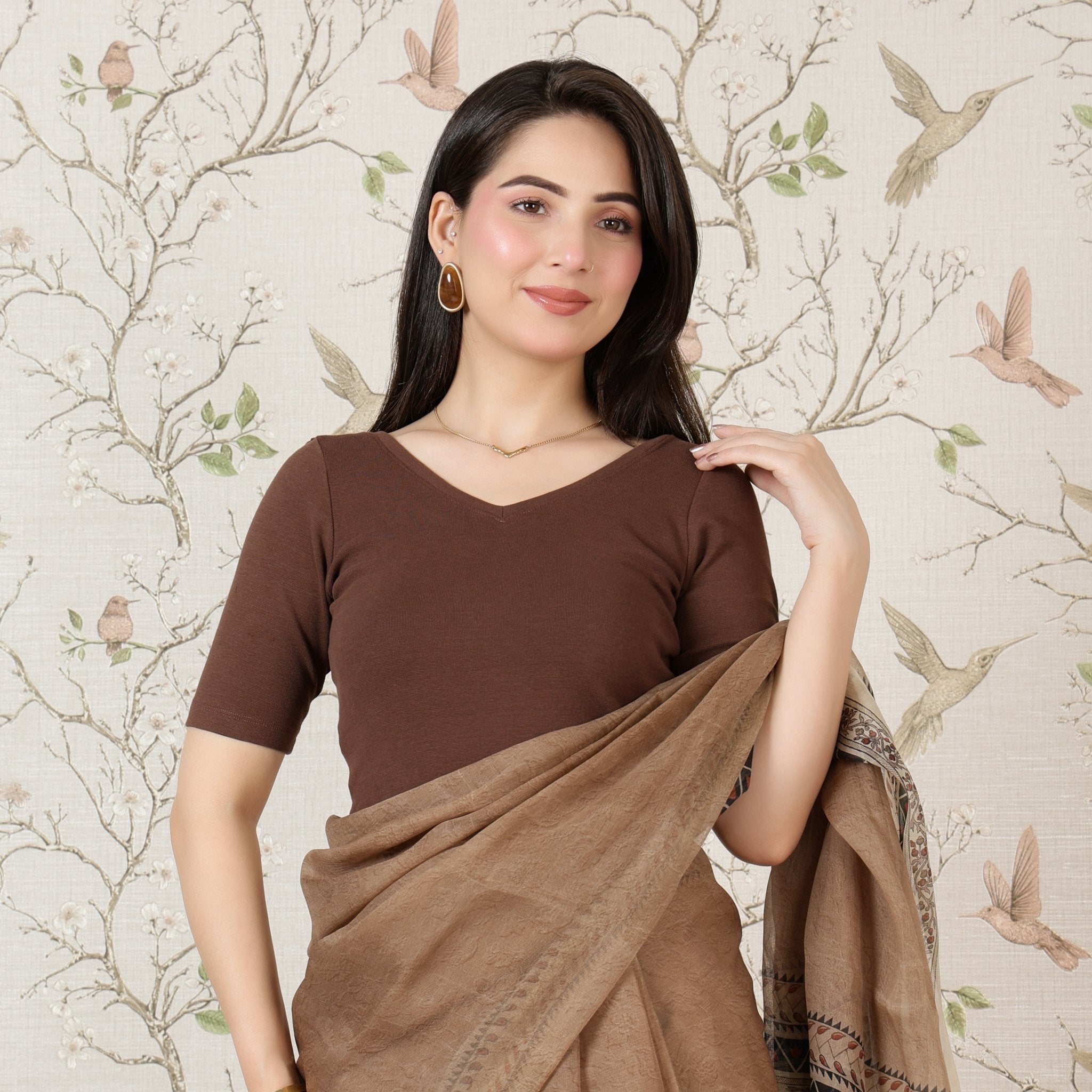 Coffee Rib V Neck Half Sleeve Blouse [ 100% USA HQ Cotton, 280 GSM non transparent fabric ] -Rib blouse