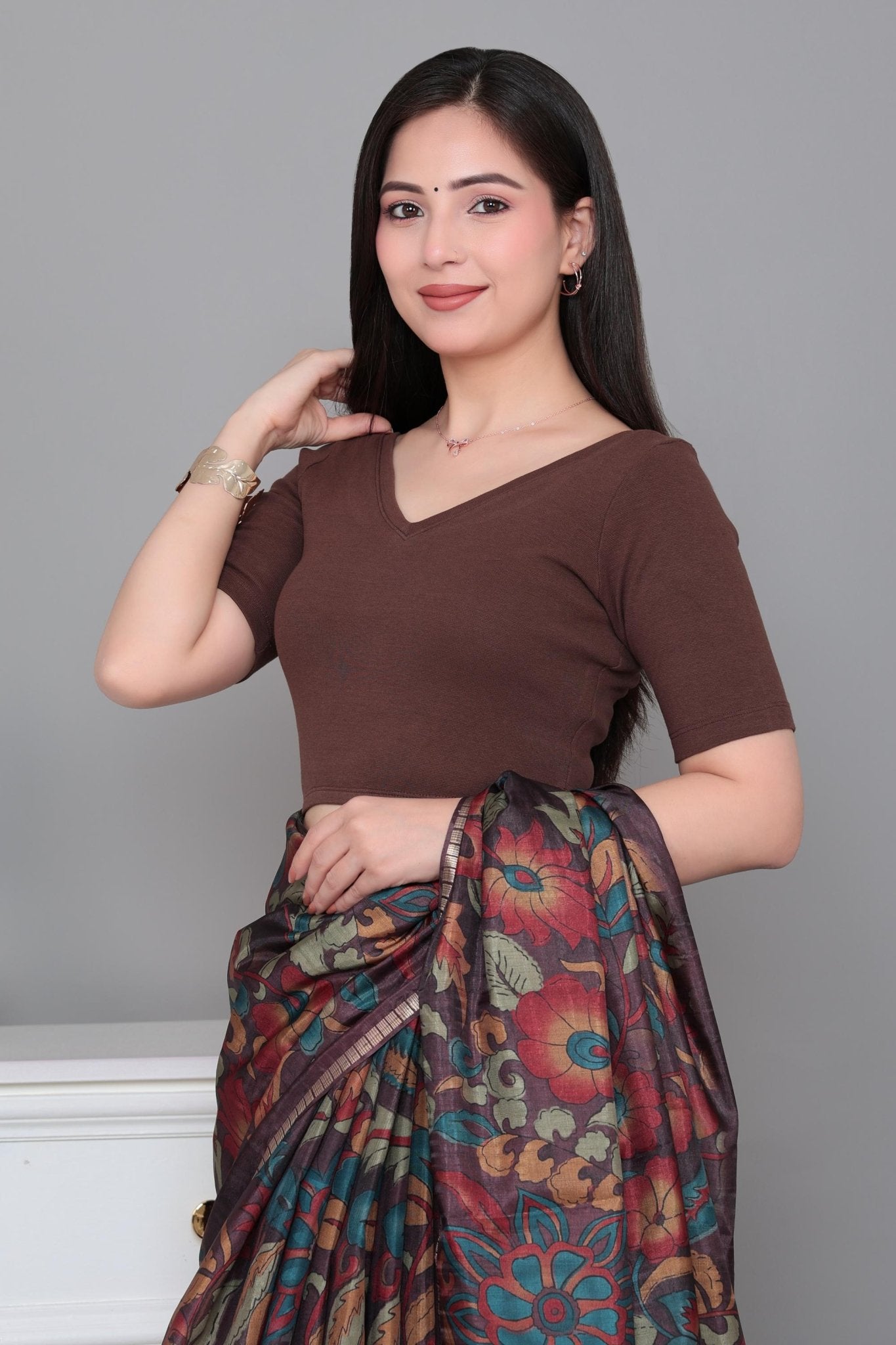 Coffee Rib V Neck Half Sleeve Blouse [ 100% USA HQ Cotton, 280 GSM non transparent fabric ] -Rib blouse