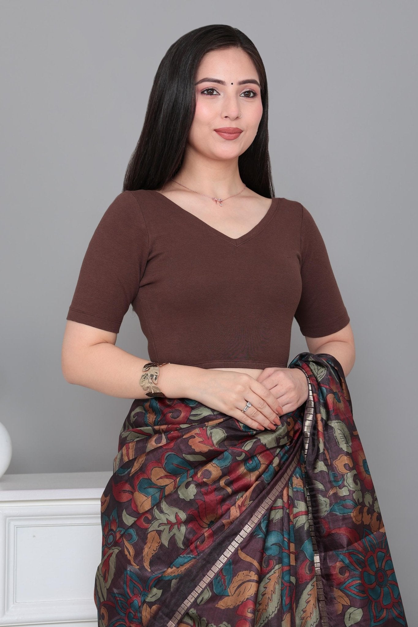 Coffee Rib V Neck Half Sleeve Blouse [ 100% USA HQ Cotton, 280 GSM non transparent fabric ] -Rib blouse