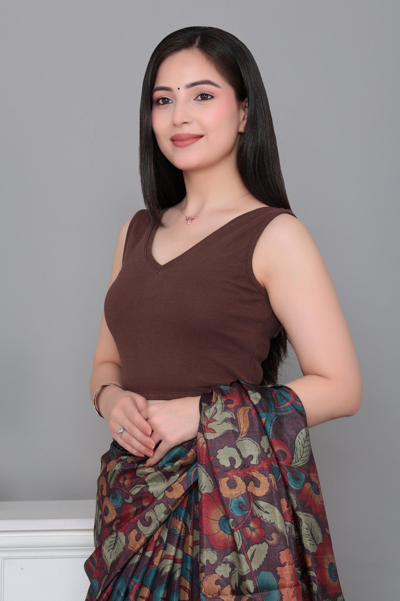 Coffee Rib V Neck Sleeveless Blouse [ 100% USA HQ Cotton, 280 GSM non transparent fabric ] -Rib blouse