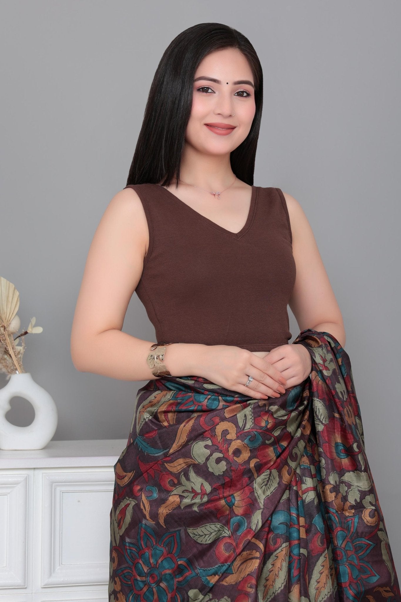 Coffee Rib V Neck Sleeveless Blouse [ 100% USA HQ Cotton, 280 GSM non transparent fabric ] -Rib blouse