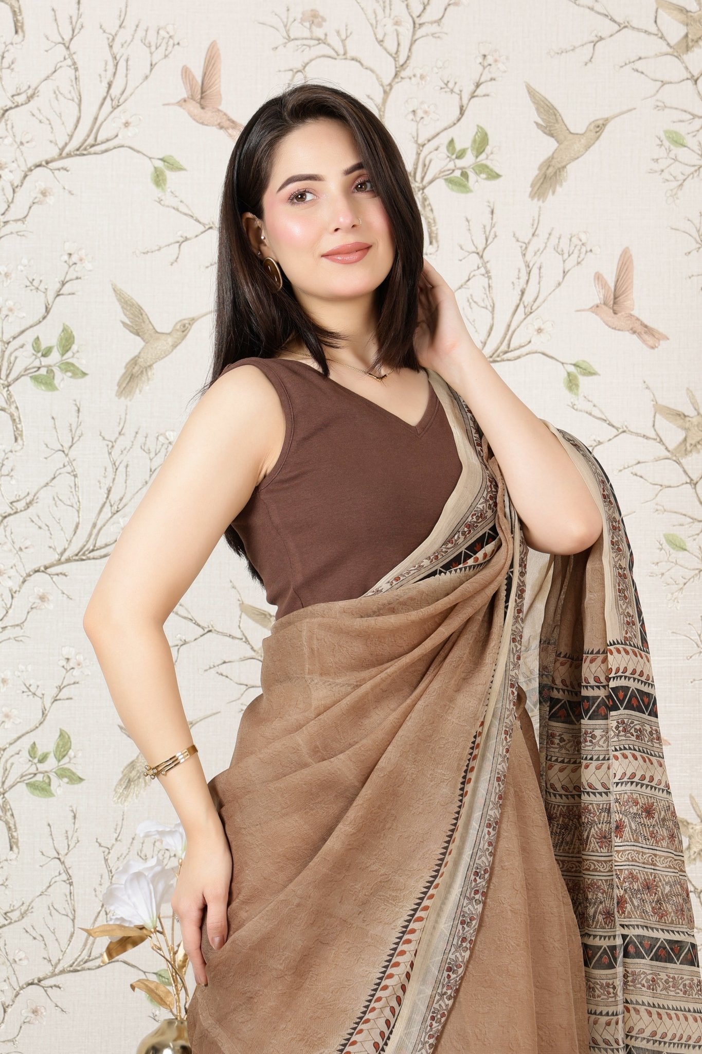 Coffee Rib V Neck Sleeveless Blouse [ 100% USA HQ Cotton, 280 GSM non transparent fabric ] -Rib blouse