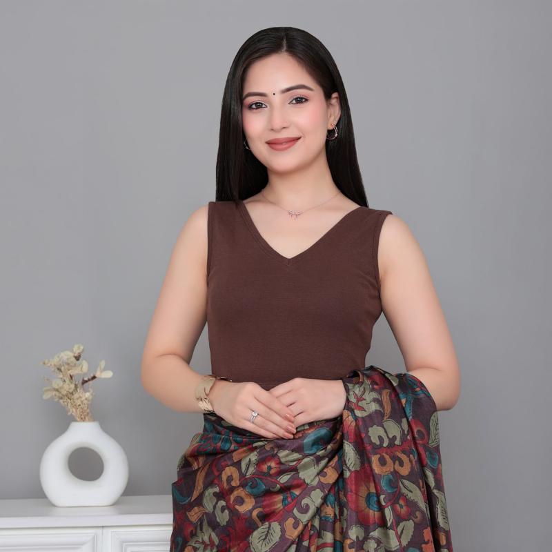 Coffee Rib V Neck Sleeveless Blouse [ 100% USA HQ Cotton, 280 GSM non transparent fabric ] -Rib blouse