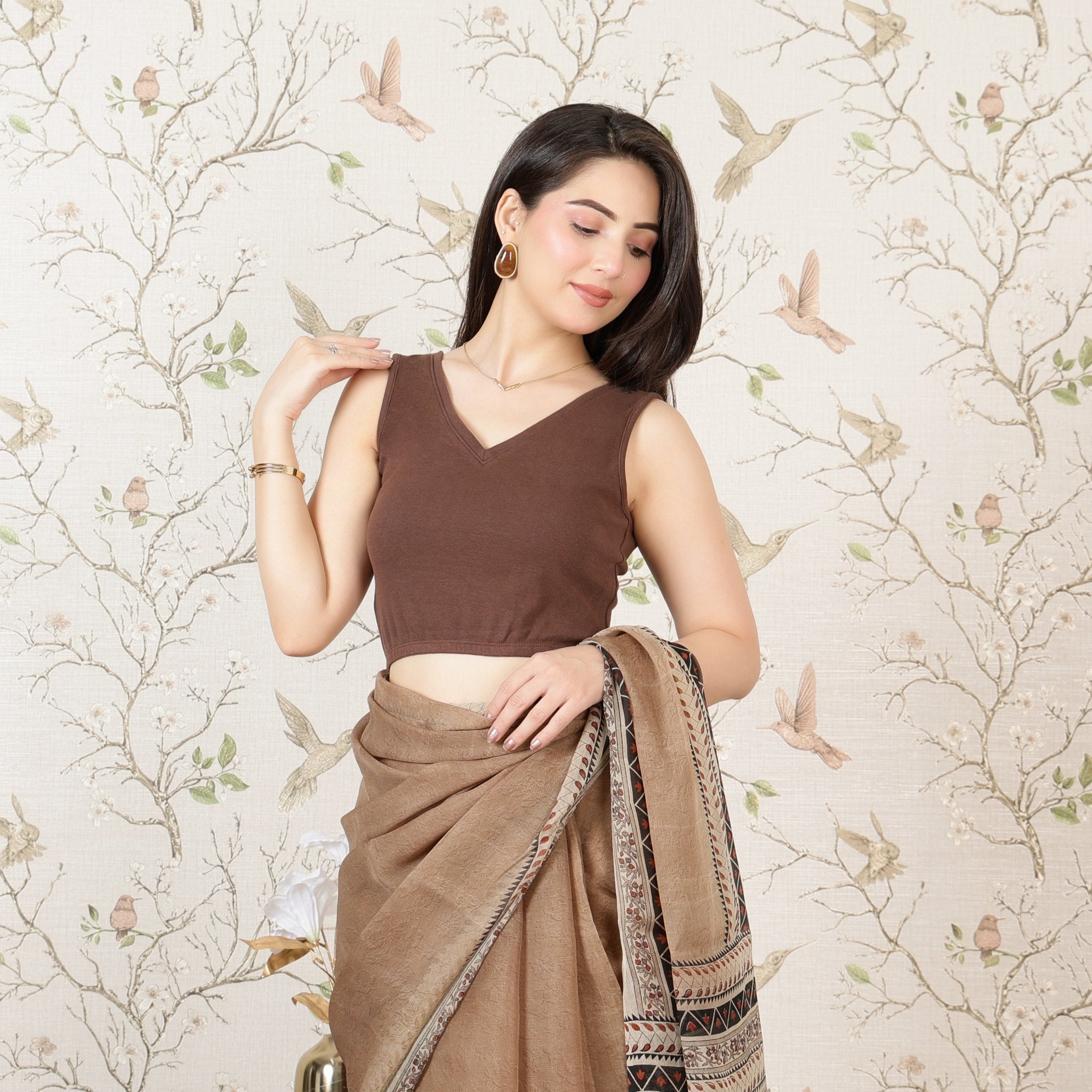 Coffee Rib V Neck Sleeveless Blouse [ 100% USA HQ Cotton, 280 GSM non transparent fabric ] -Rib blouse