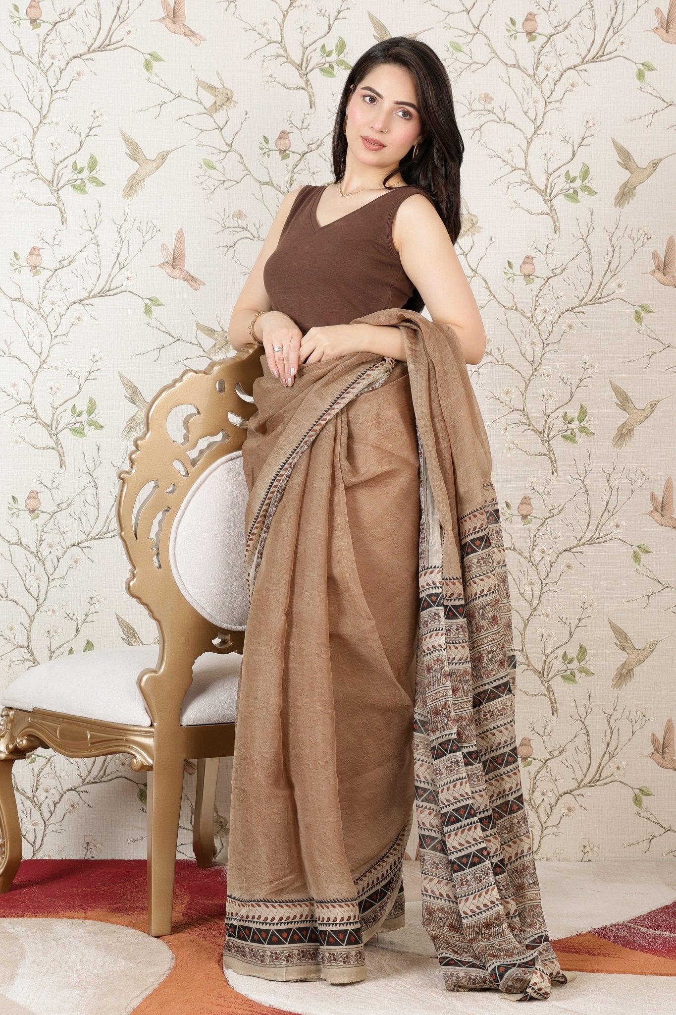 Coffee Rib V Neck Sleeveless Blouse [ 100% USA HQ Cotton, 280 GSM non transparent fabric ] -Rib blouse