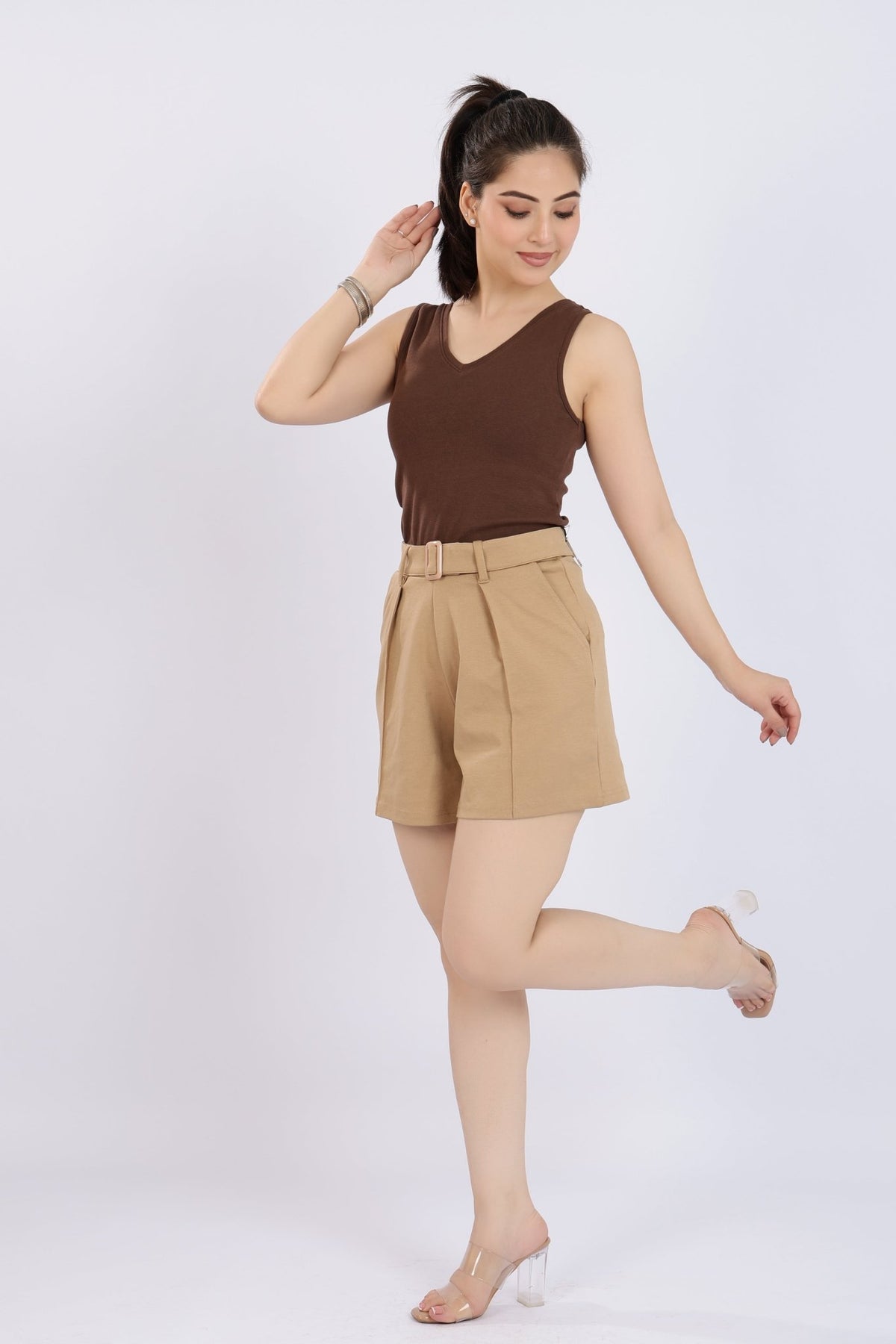 Coffee rib v-neck vest [ 280 GSM non transparent fabric ] -Rib top