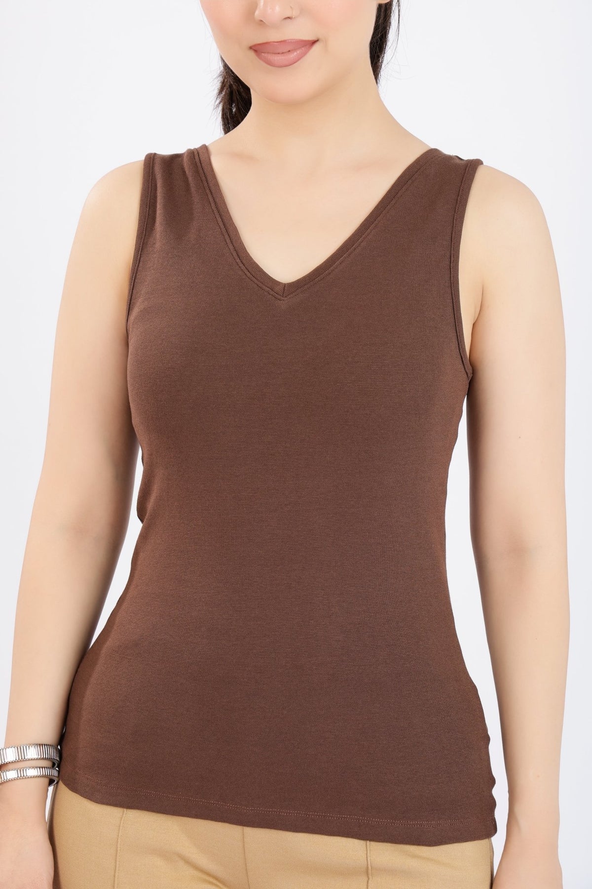Coffee rib v-neck vest [ 280 GSM non transparent fabric ] -Rib top