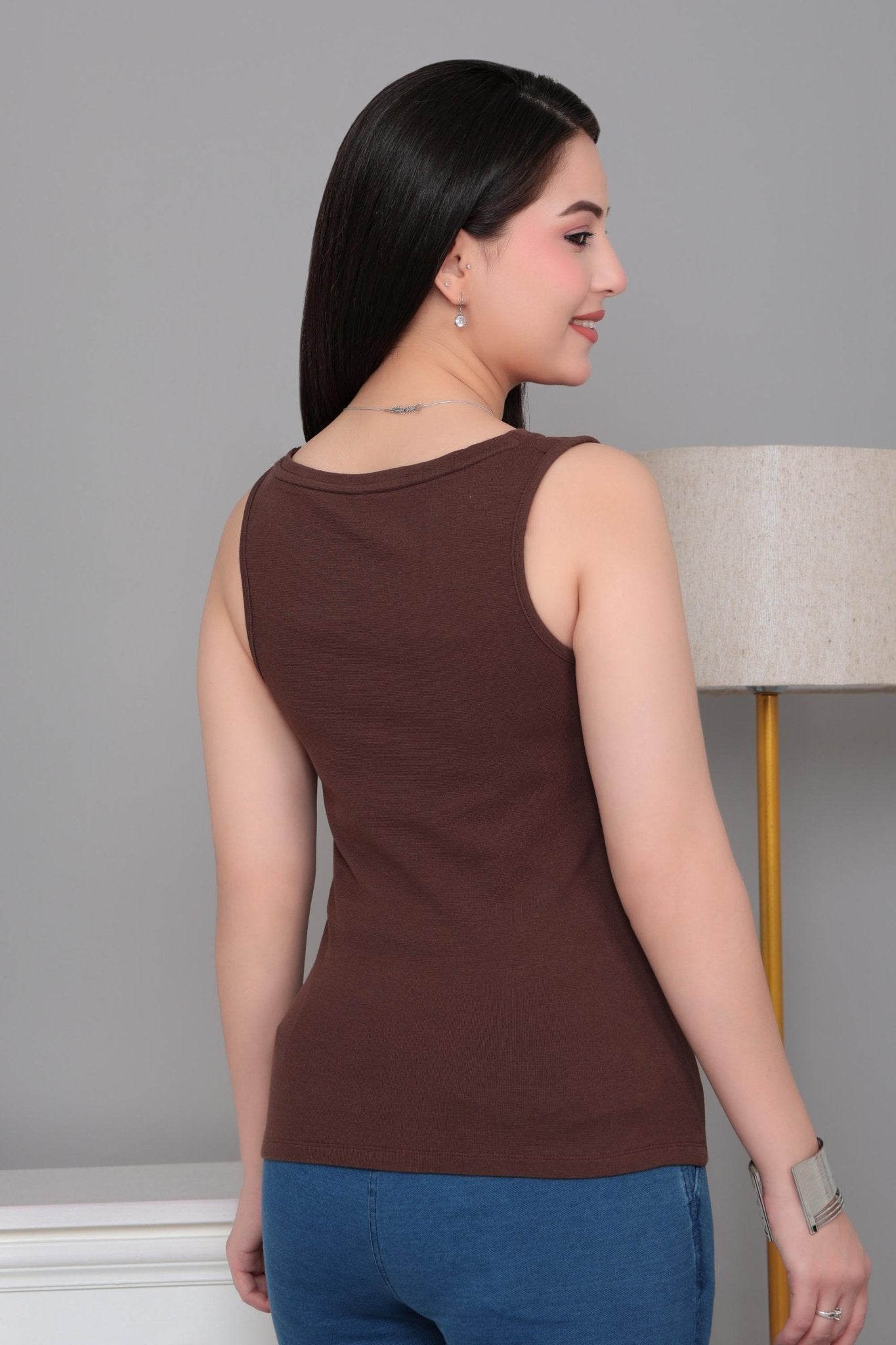 Coffee rib v-neck vest [ 280 GSM non transparent fabric ] -Rib top