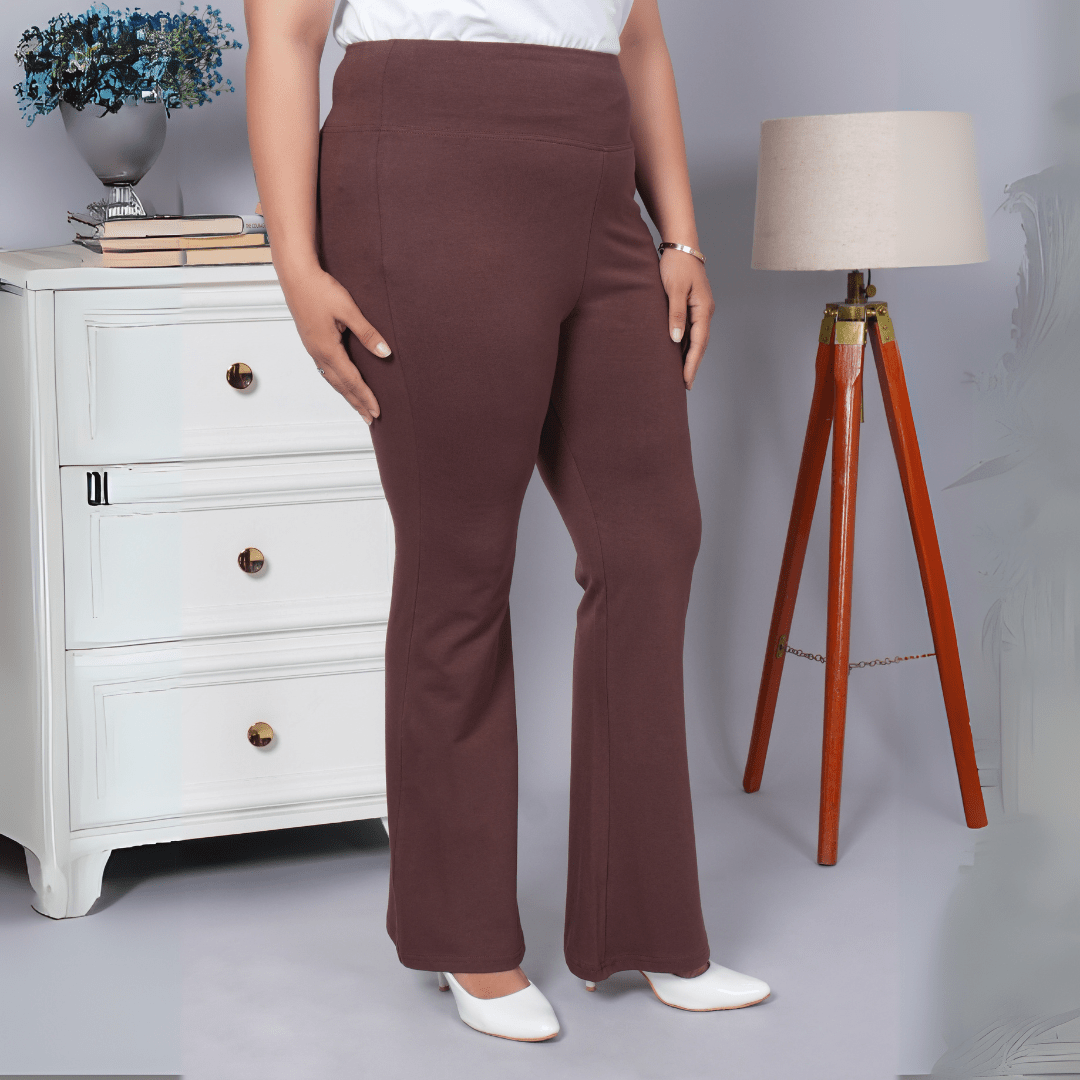 Coffee stretchable biowash cotton flare pants with superior elastic belt. - Cotton flare