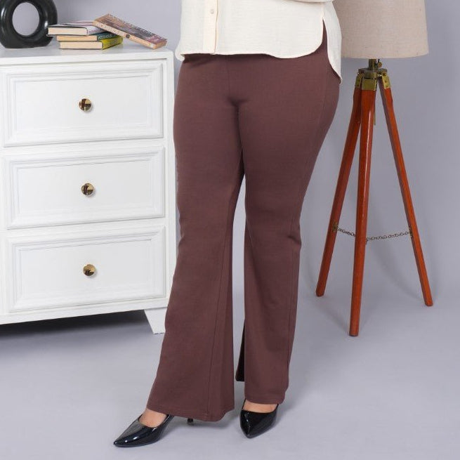 Coffee stretchable biowash cotton flare pants with superior elastic belt. - Cotton flare