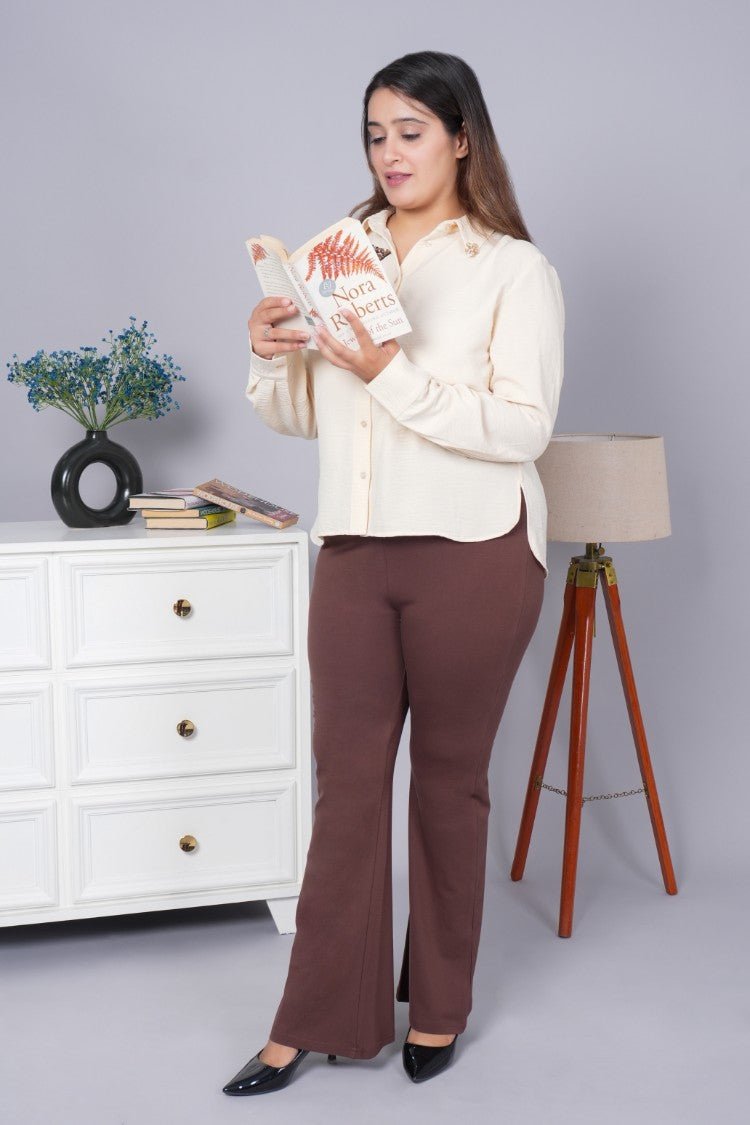 Coffee stretchable biowash cotton flare pants with superior elastic belt. - Cotton flare