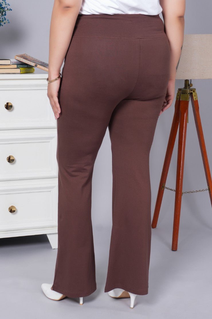 Coffee stretchable biowash cotton flare pants with superior elastic belt. - Cotton flare