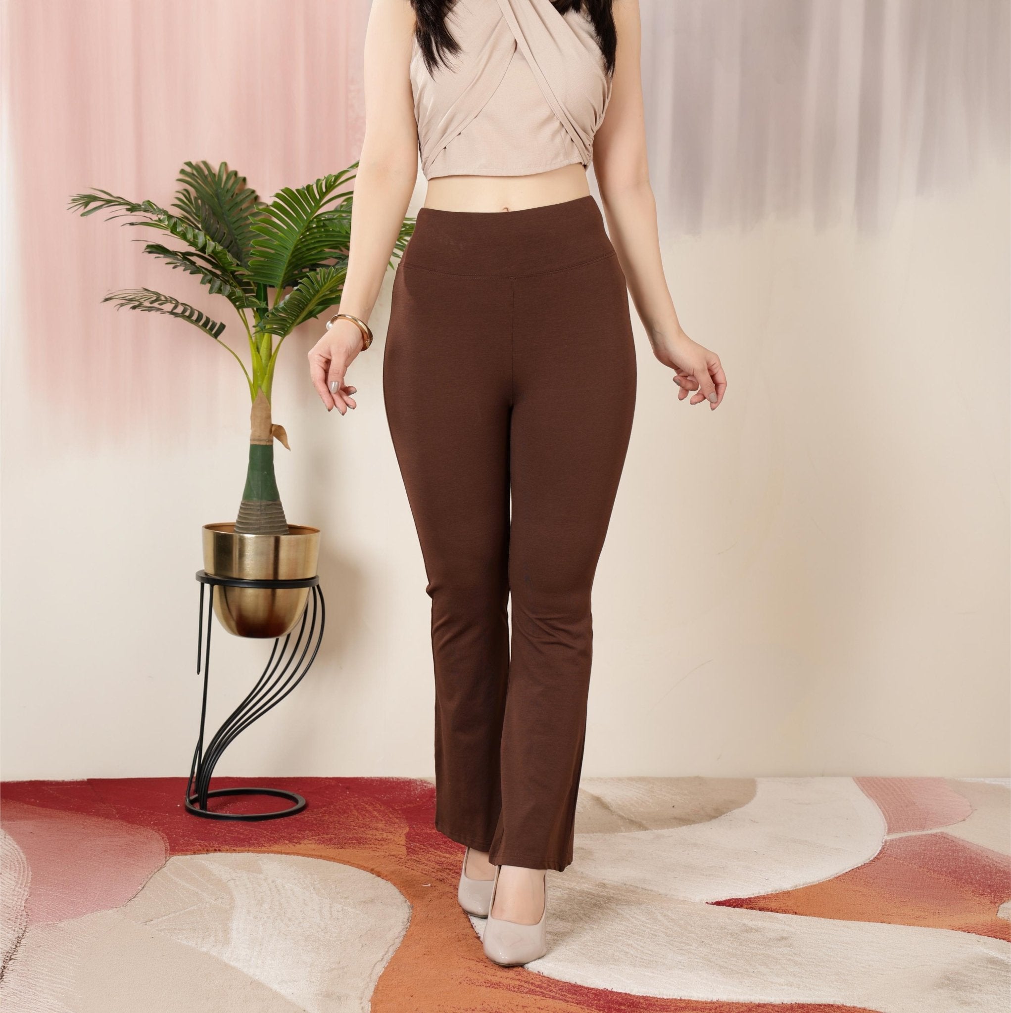 Coffee stretchable biowash cotton lycra flare legging with superior elastic belt. -Cotton flare