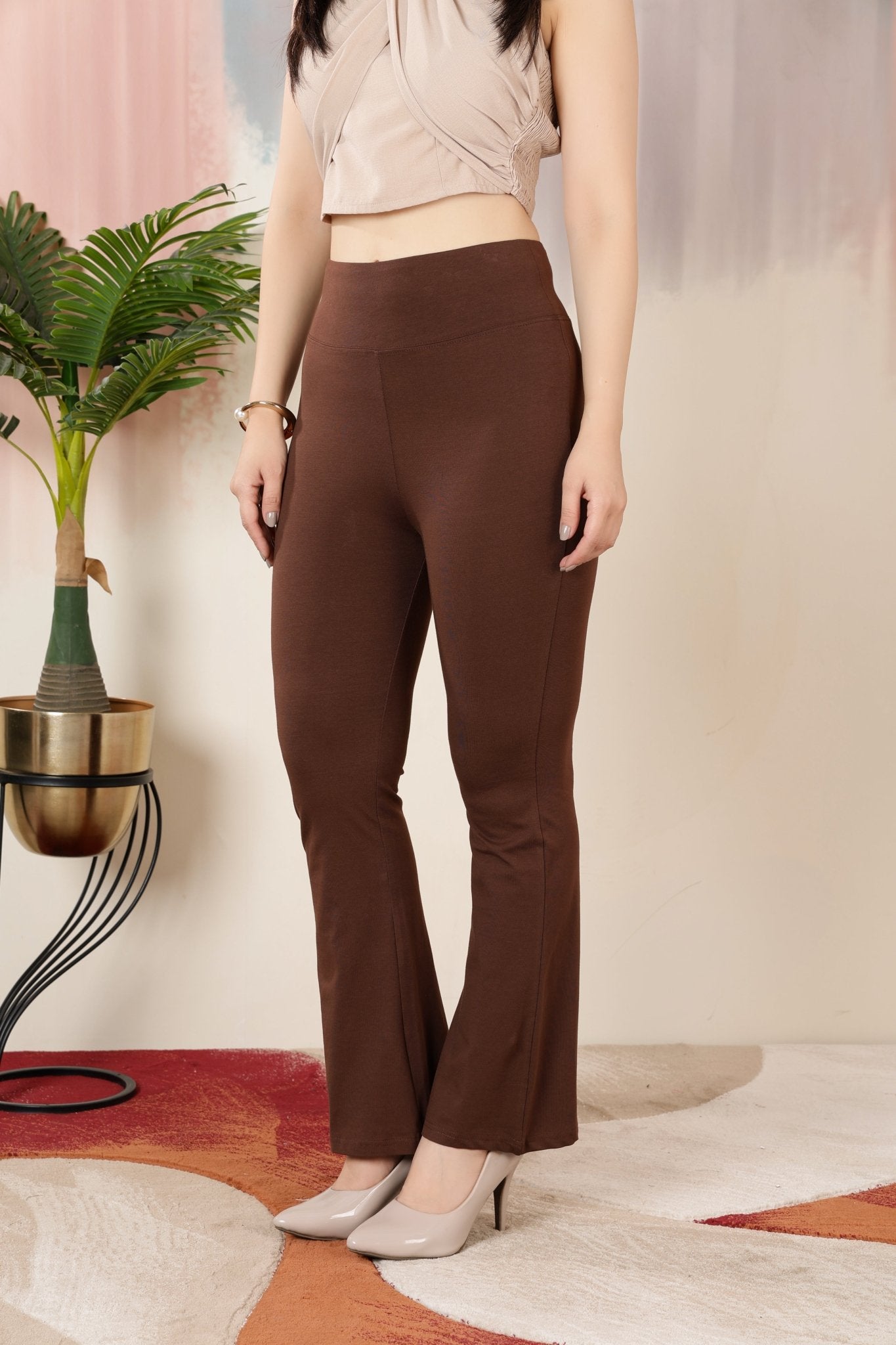 Coffee stretchable biowash cotton lycra flare legging with superior elastic belt. -Cotton flare