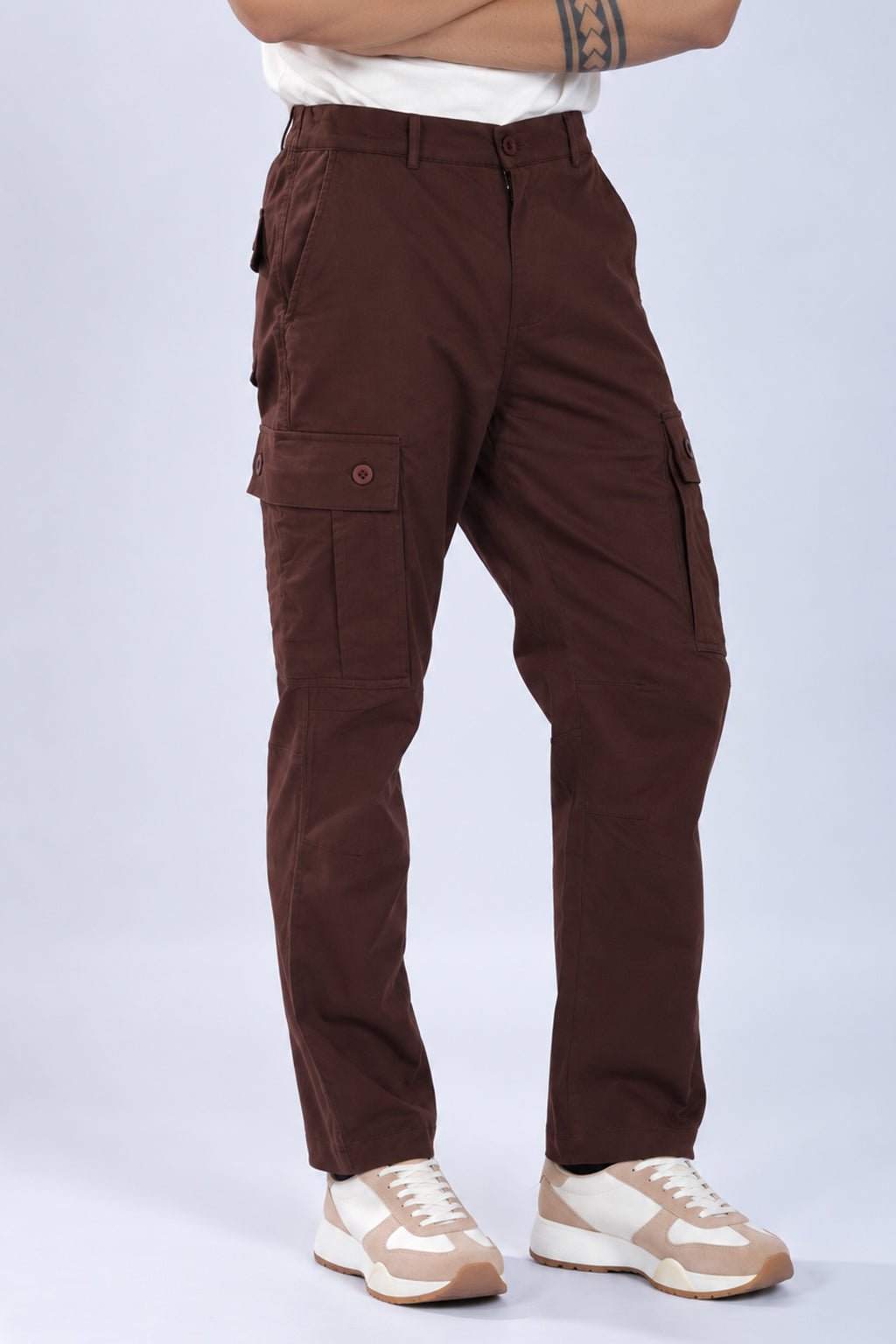 Coffee stretchable biowash HQ cotton travel cargo bottom with superior elastic belt. -Travel Cargo Pants
