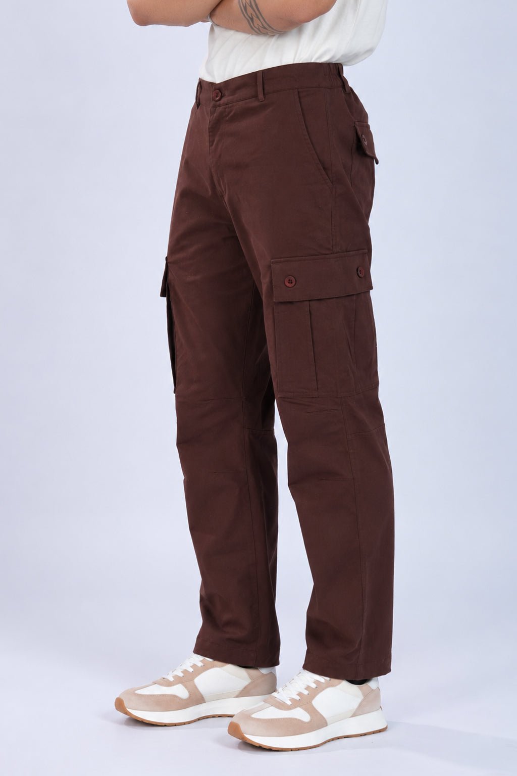 Coffee stretchable biowash HQ cotton travel cargo bottom with superior elastic belt. -Travel Cargo Pants