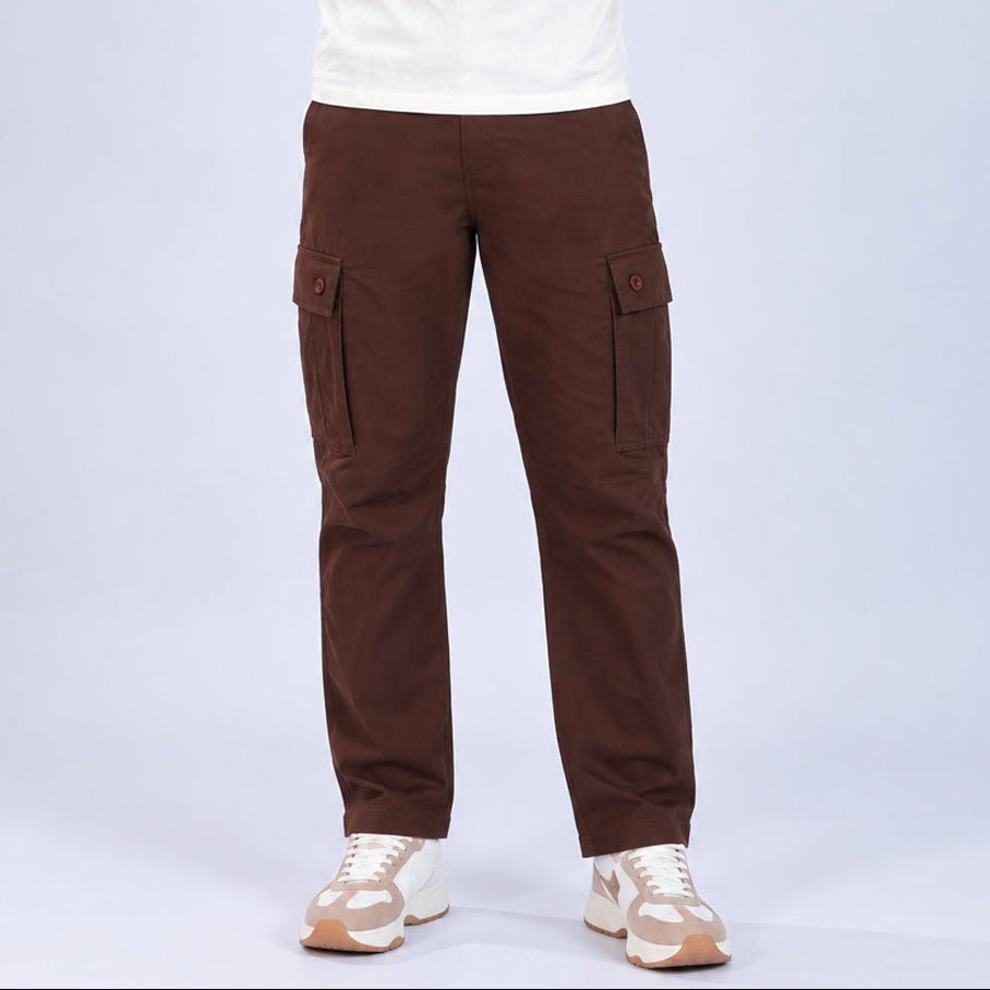 Coffee stretchable biowash HQ cotton travel cargo bottom with superior elastic belt. -Travel Cargo Pants