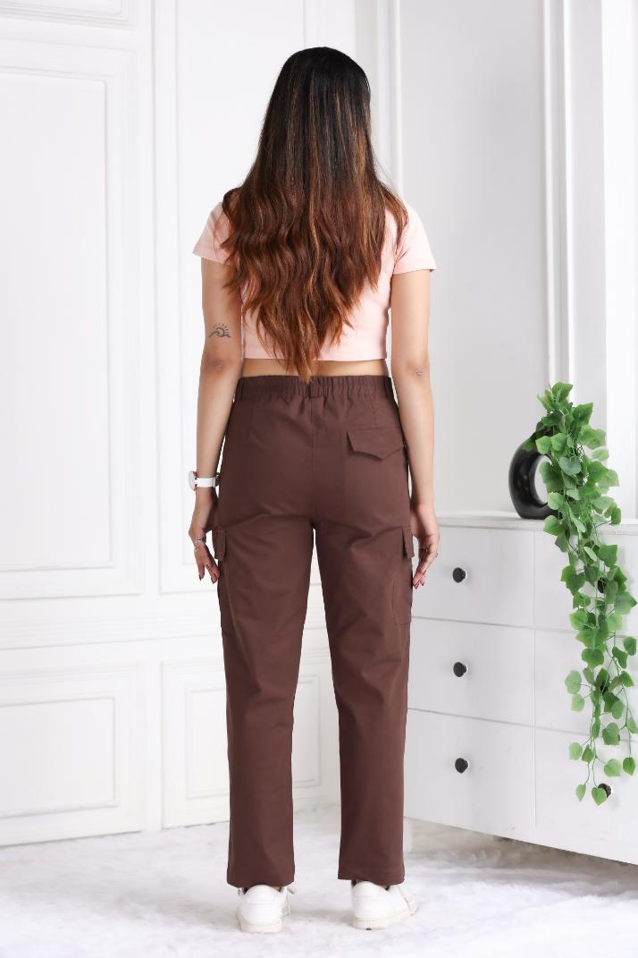 Coffee stretchable biowash USA HQ cotton travel cargo pant with superior elastic belt. - Travel Cargo Pants